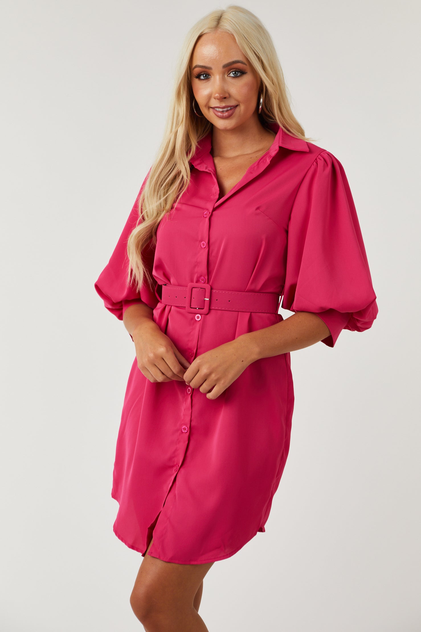 Raspberry Puff Sleeve Button Down Shirt Dress-Newayad