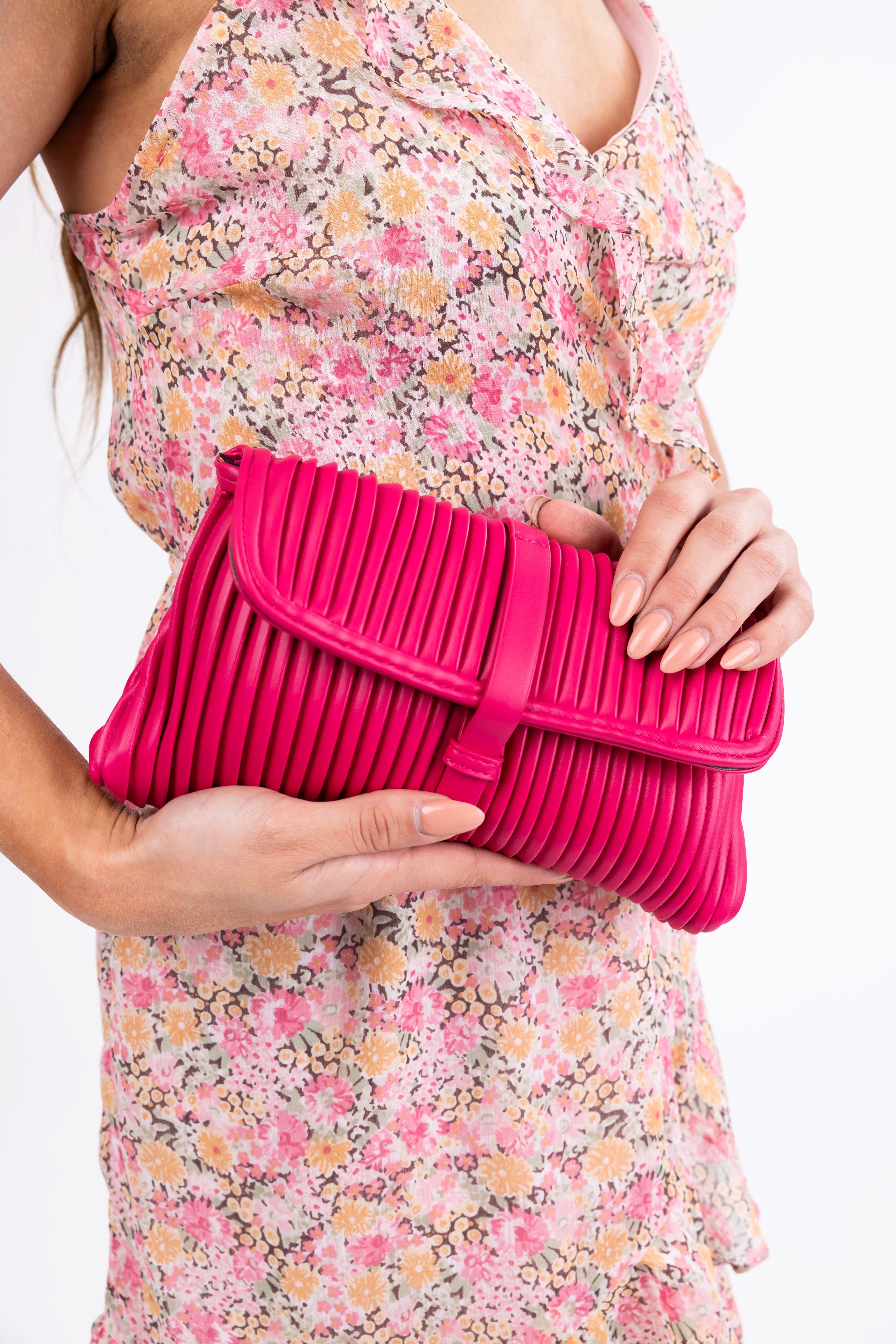 Raspberry Ribbed Faux Leather Handbag-Newayad