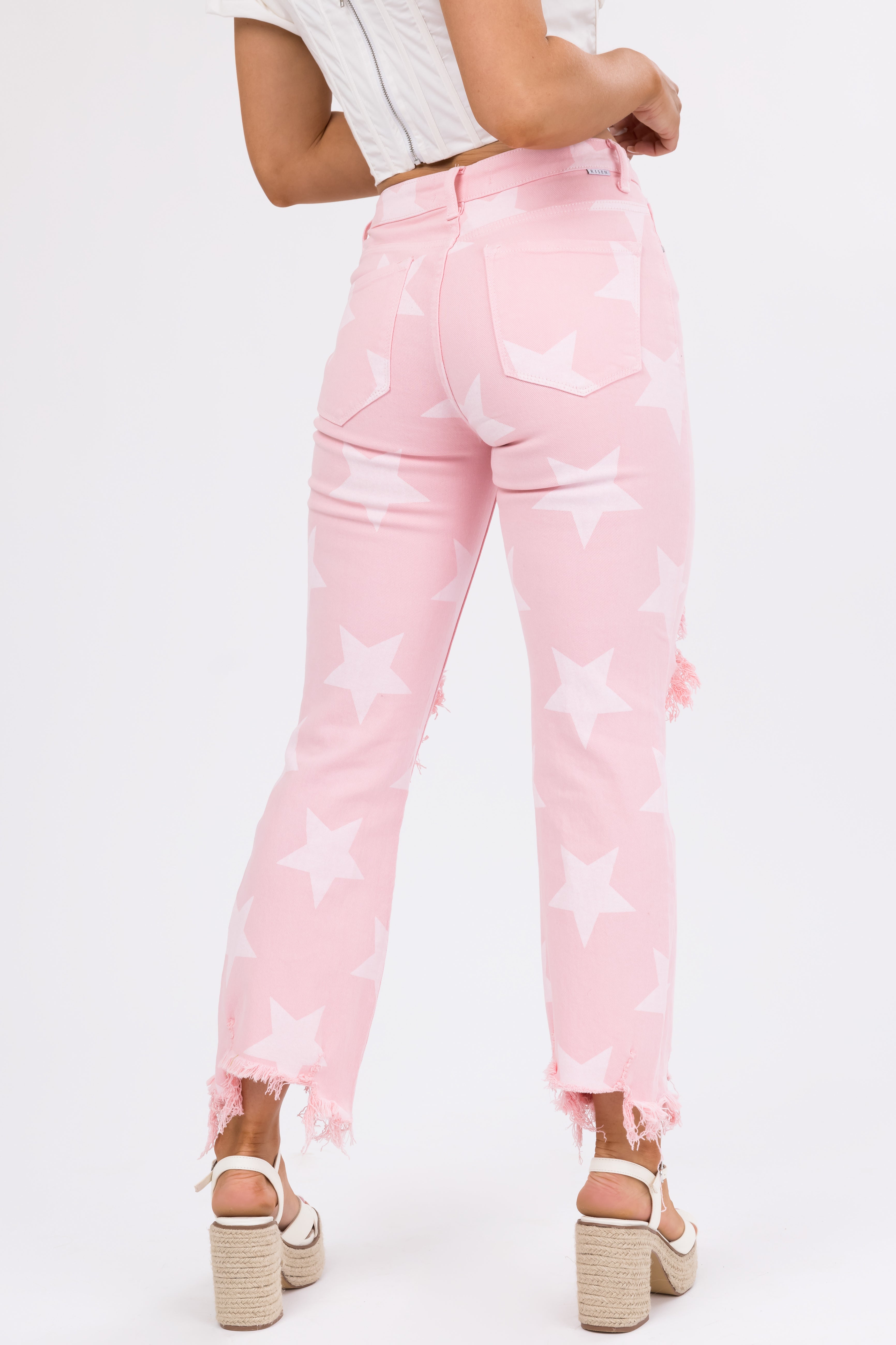 Risen Baby Pink Star Print High Rise Jeans-Newayad