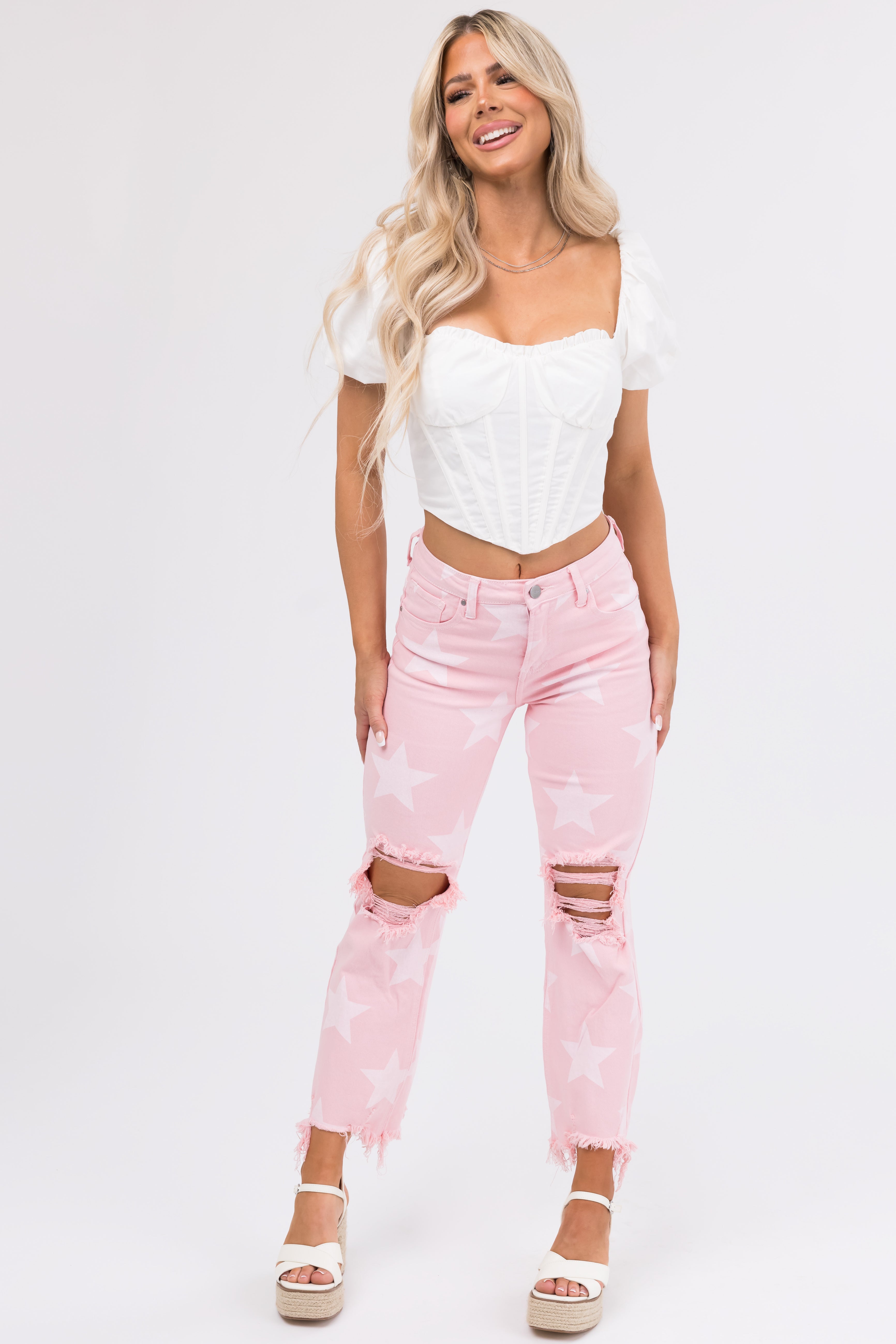 Risen Baby Pink Star Print High Rise Jeans-Newayad