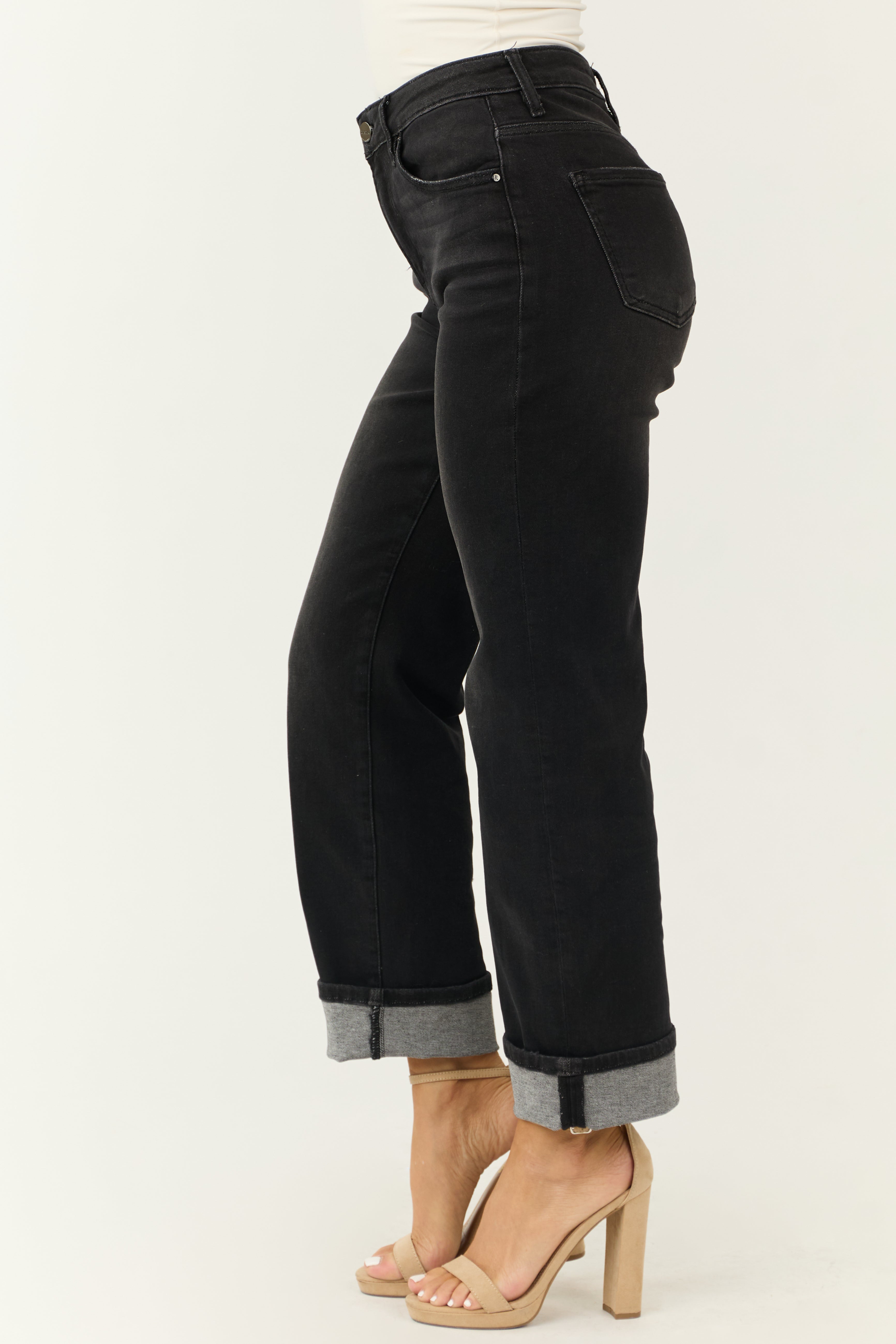 Risen Black Cuffed Cropped High Rise Boyfriend Jeans-Newayad