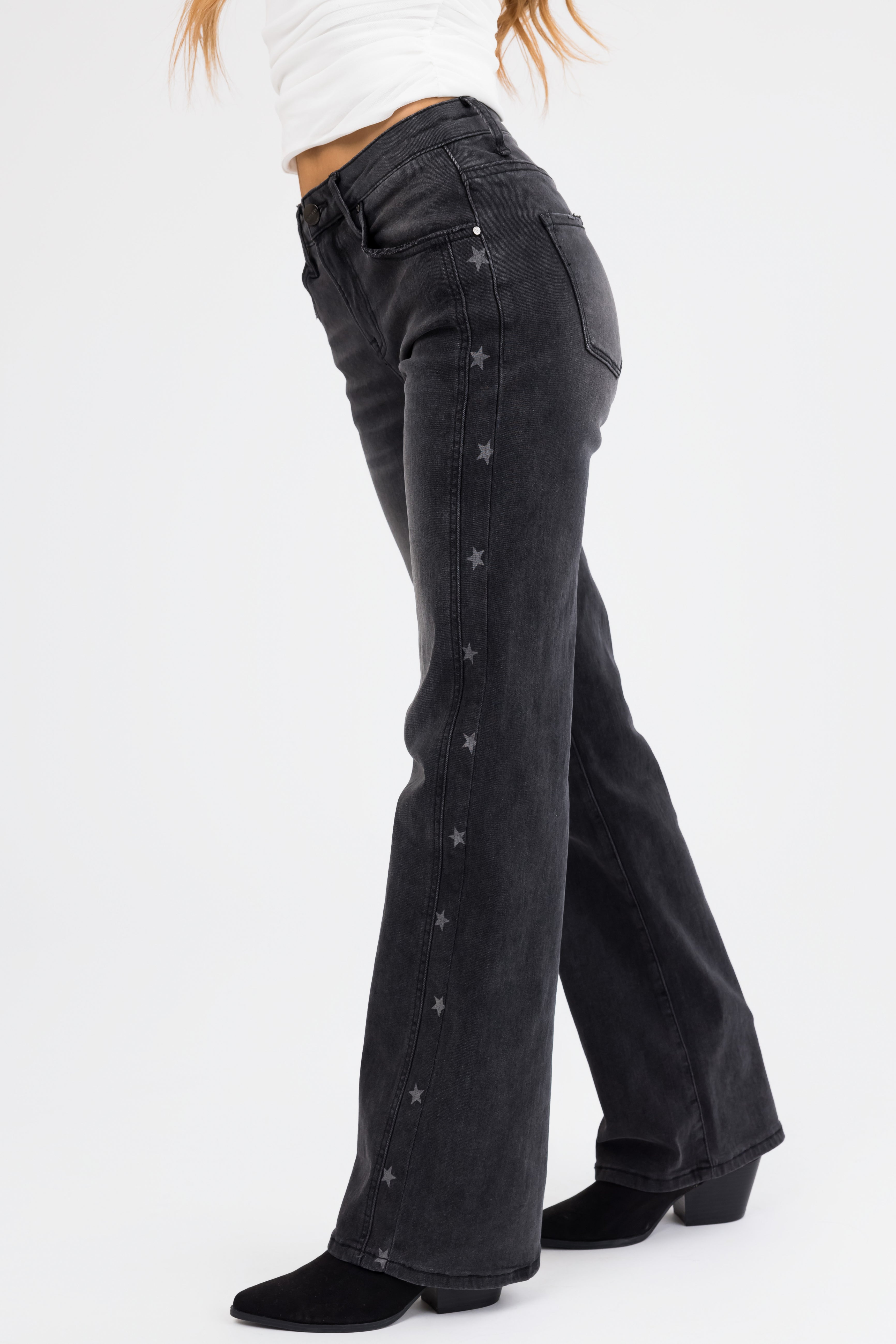 Risen Black Star Print Straight Jeans-Newayad
