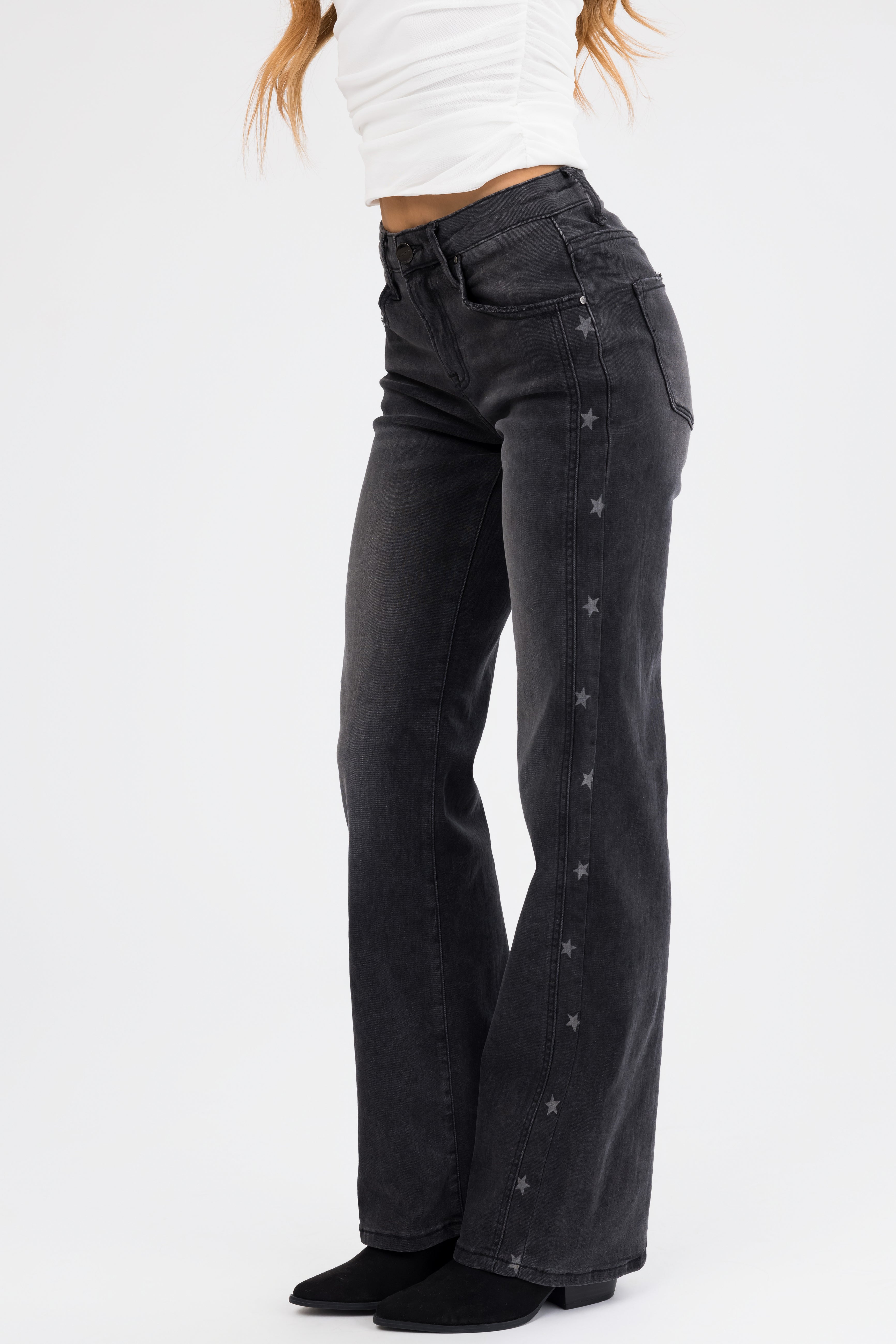 Risen Black Star Print Straight Jeans-Newayad