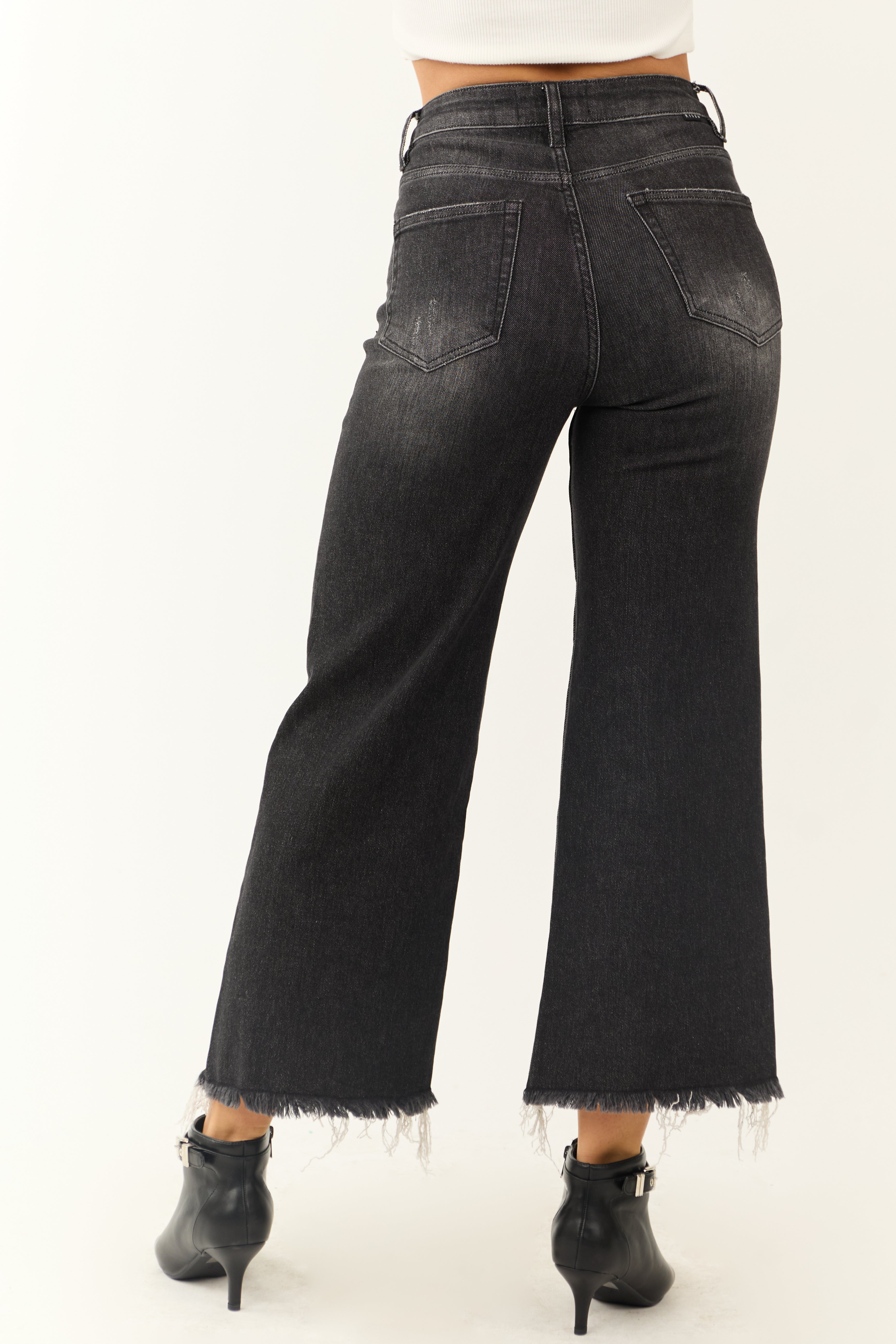 Risen Black Wide Leg Frayed Hem Cropped Jeans-Newayad