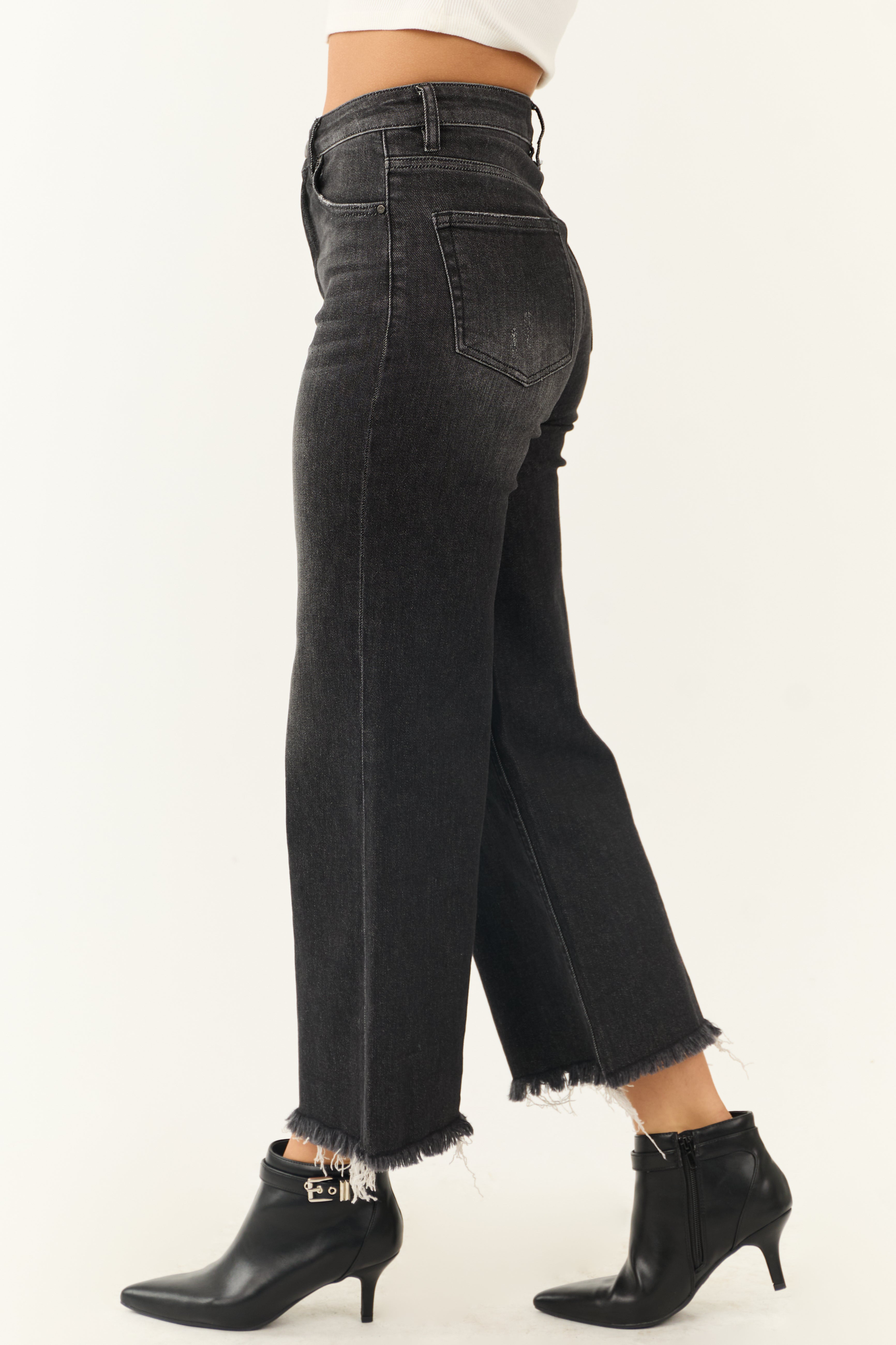 Risen Black Wide Leg Frayed Hem Cropped Jeans-Newayad