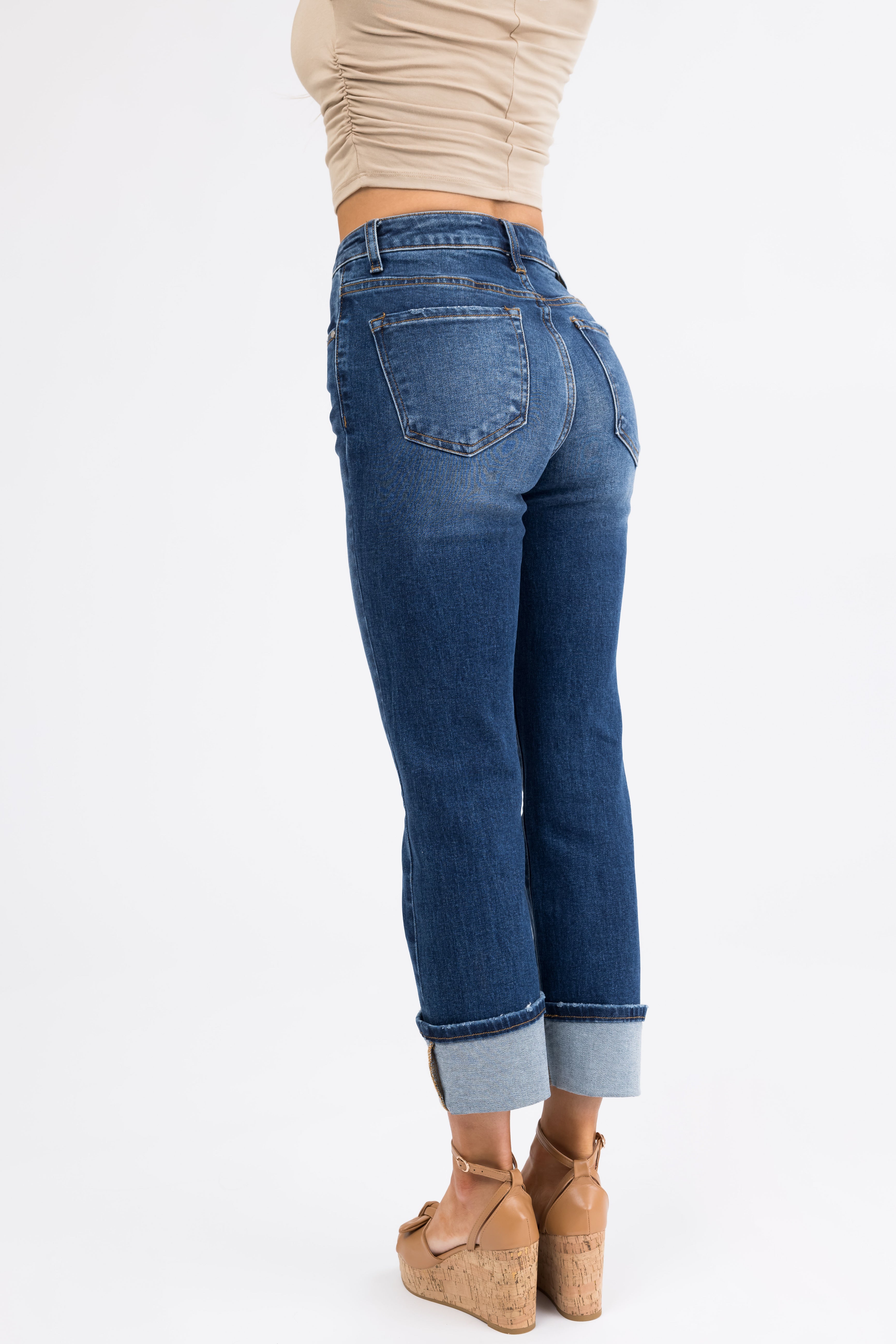 Risen Dark Wash Straight Leg Cuffed Jeans-Newayad