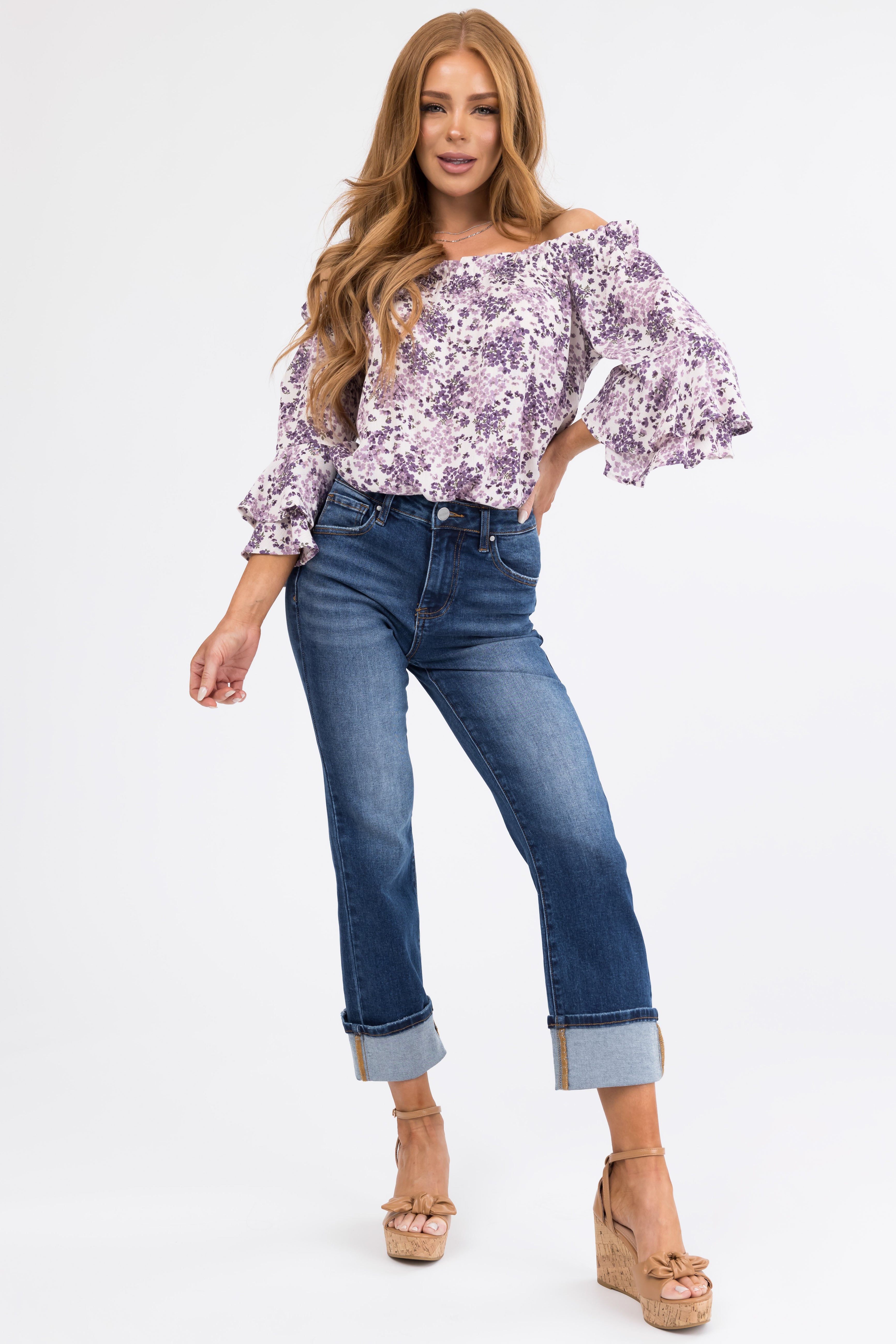 Risen Dark Wash Straight Leg Cuffed Jeans-Newayad