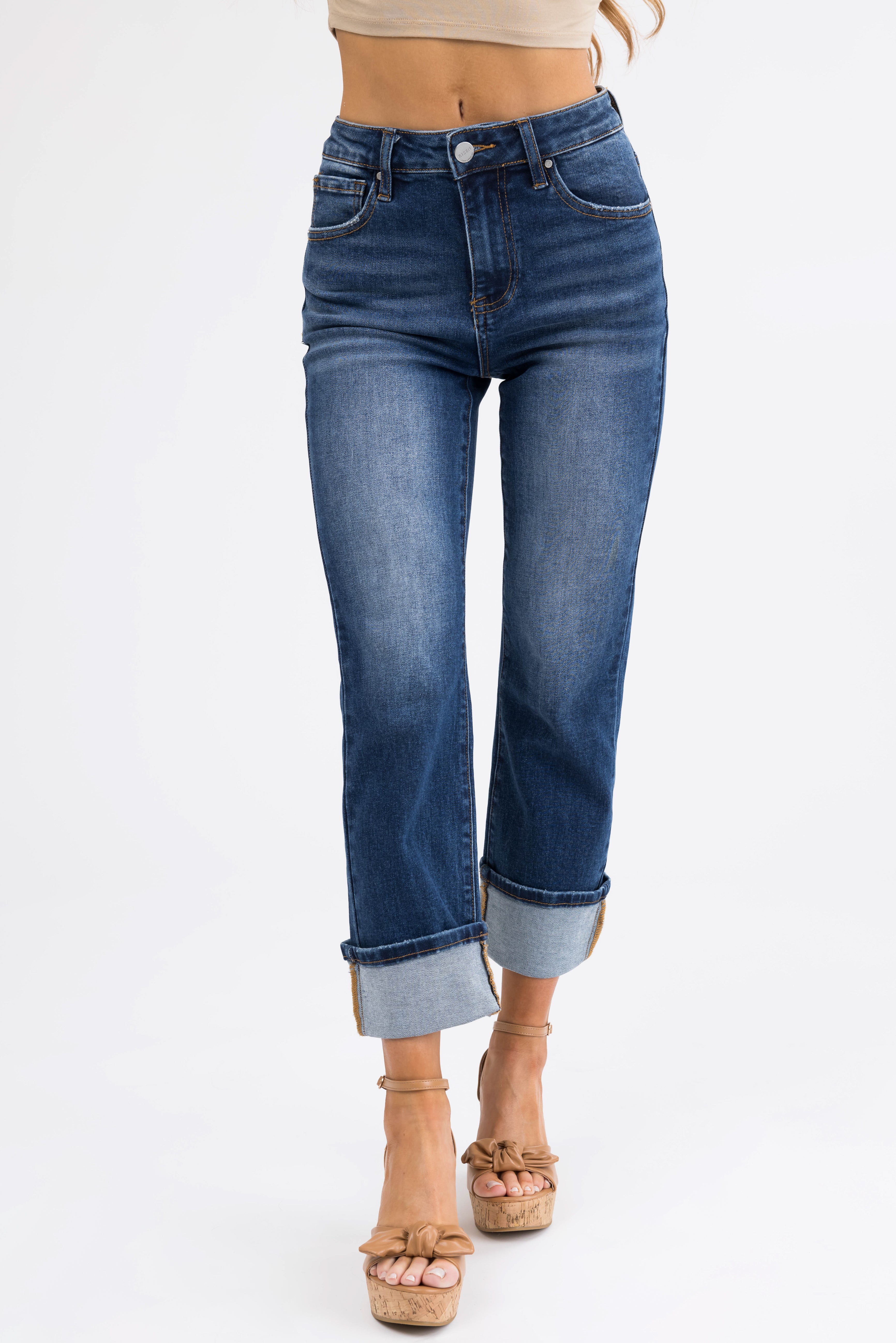 Risen Dark Wash Straight Leg Cuffed Jeans-Newayad
