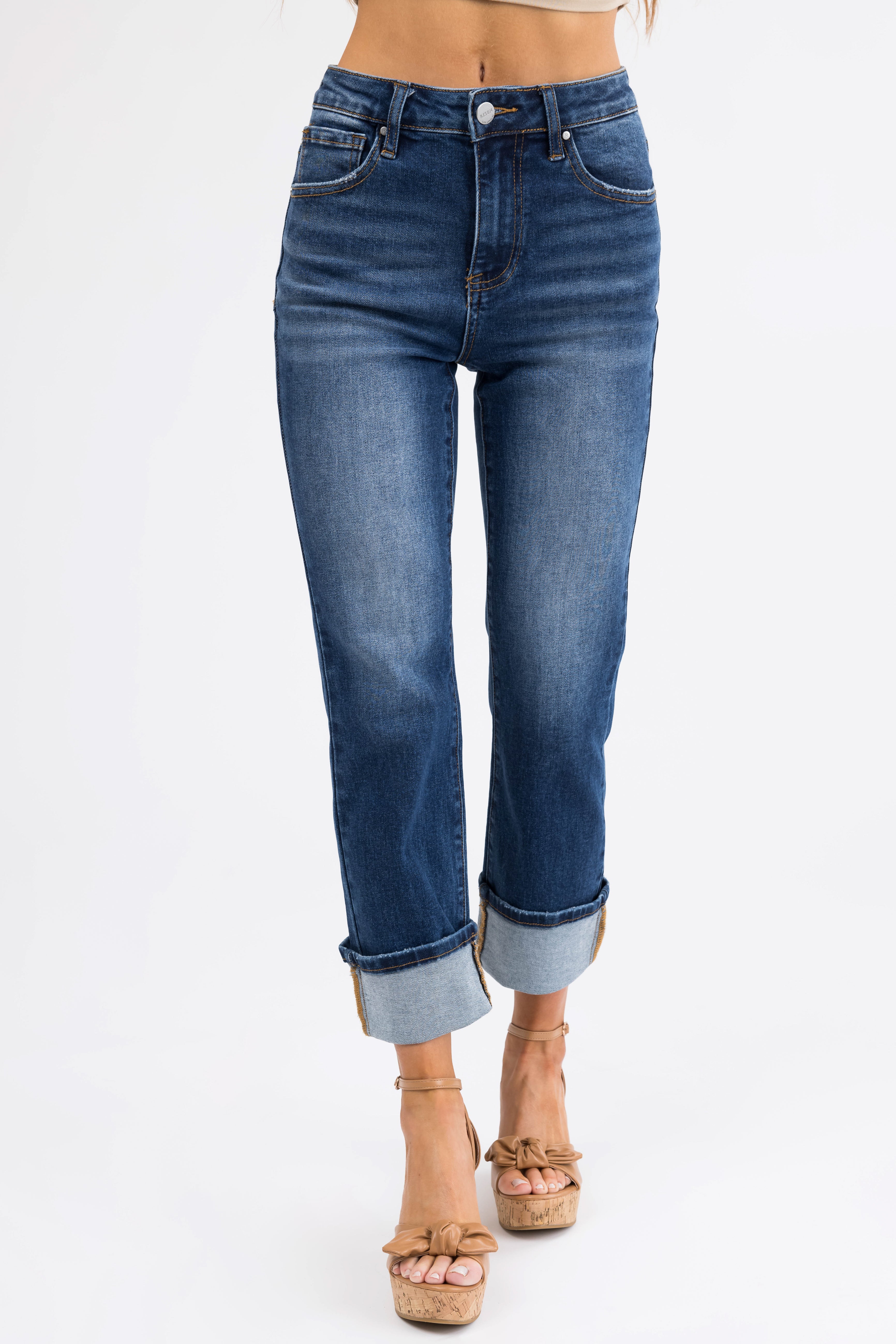 Risen Dark Wash Straight Leg Cuffed Jeans-Newayad