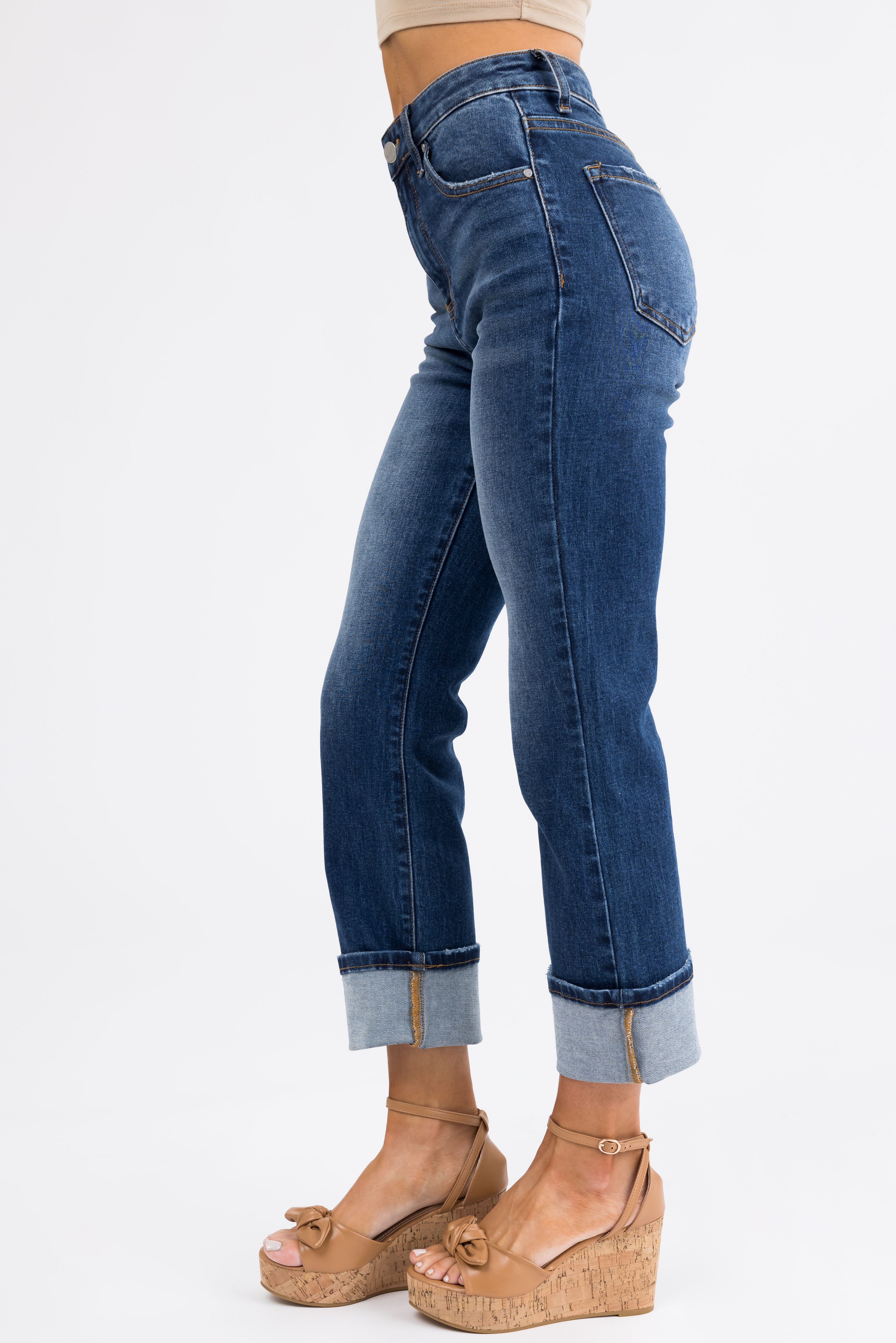 Risen Dark Wash Straight Leg Cuffed Jeans-Newayad