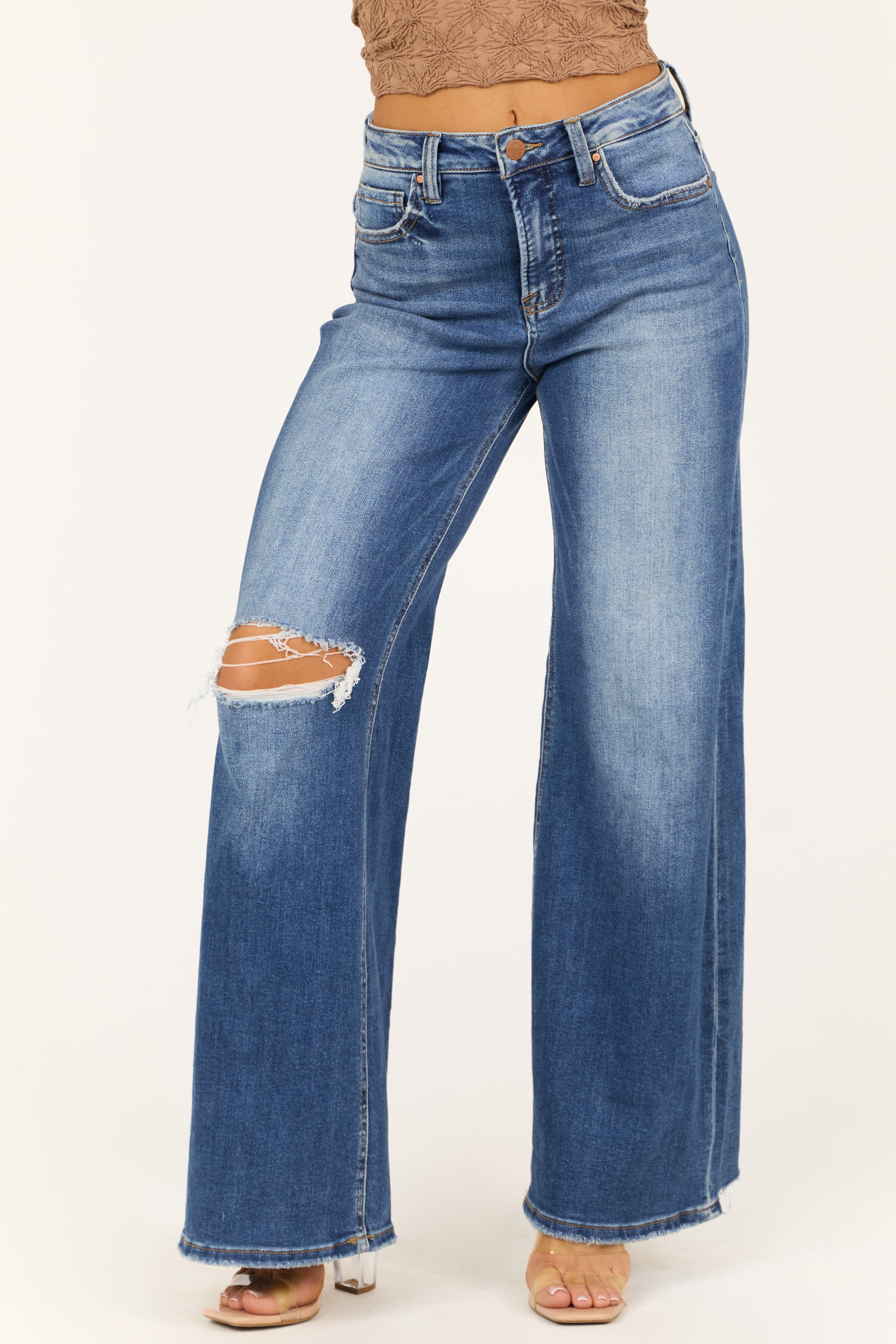 Risen Dark Wash Tummy Control Distressed Jeans-Newayad