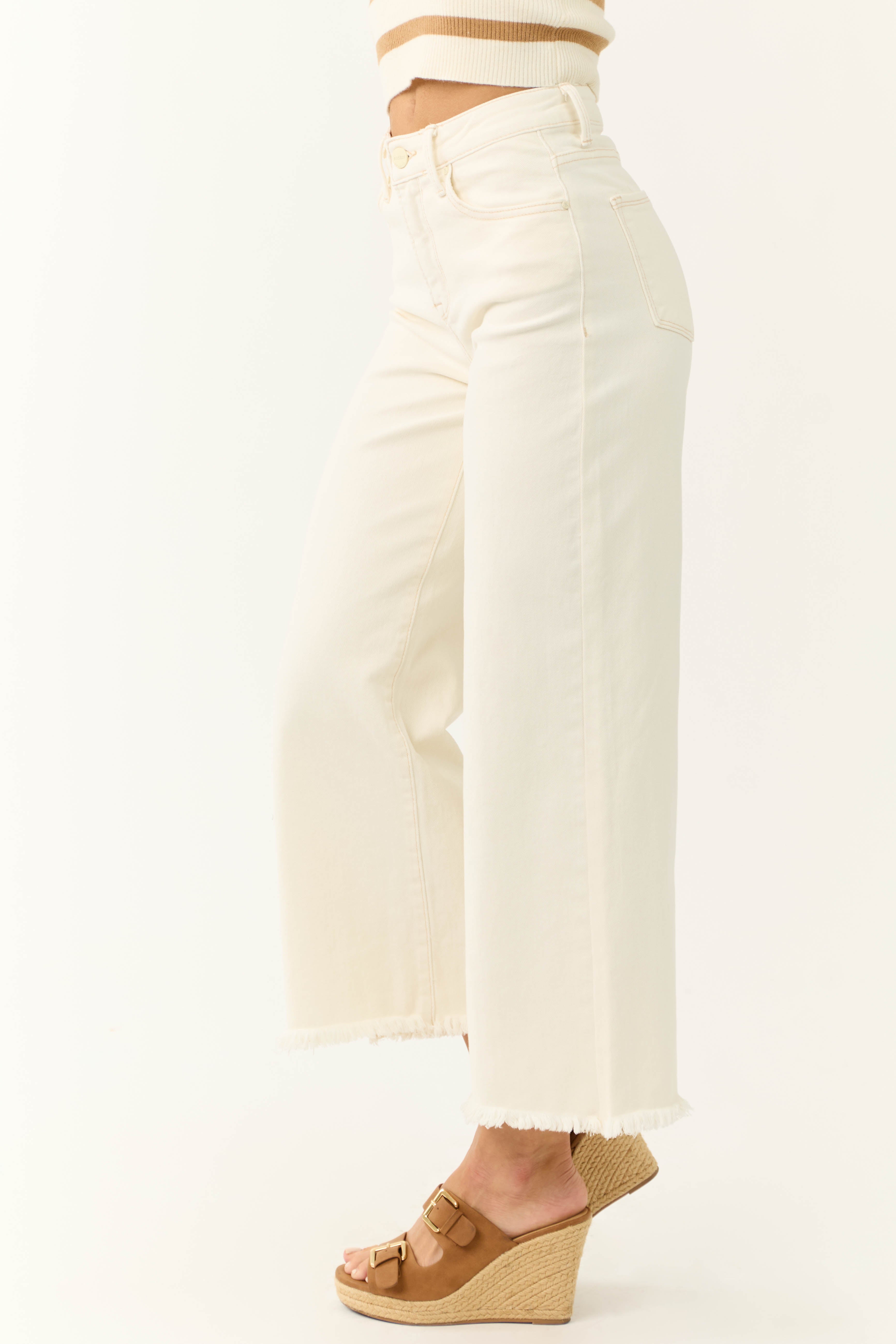 Risen Ivory Tummy Control Cropped Wide Jeans-Newayad