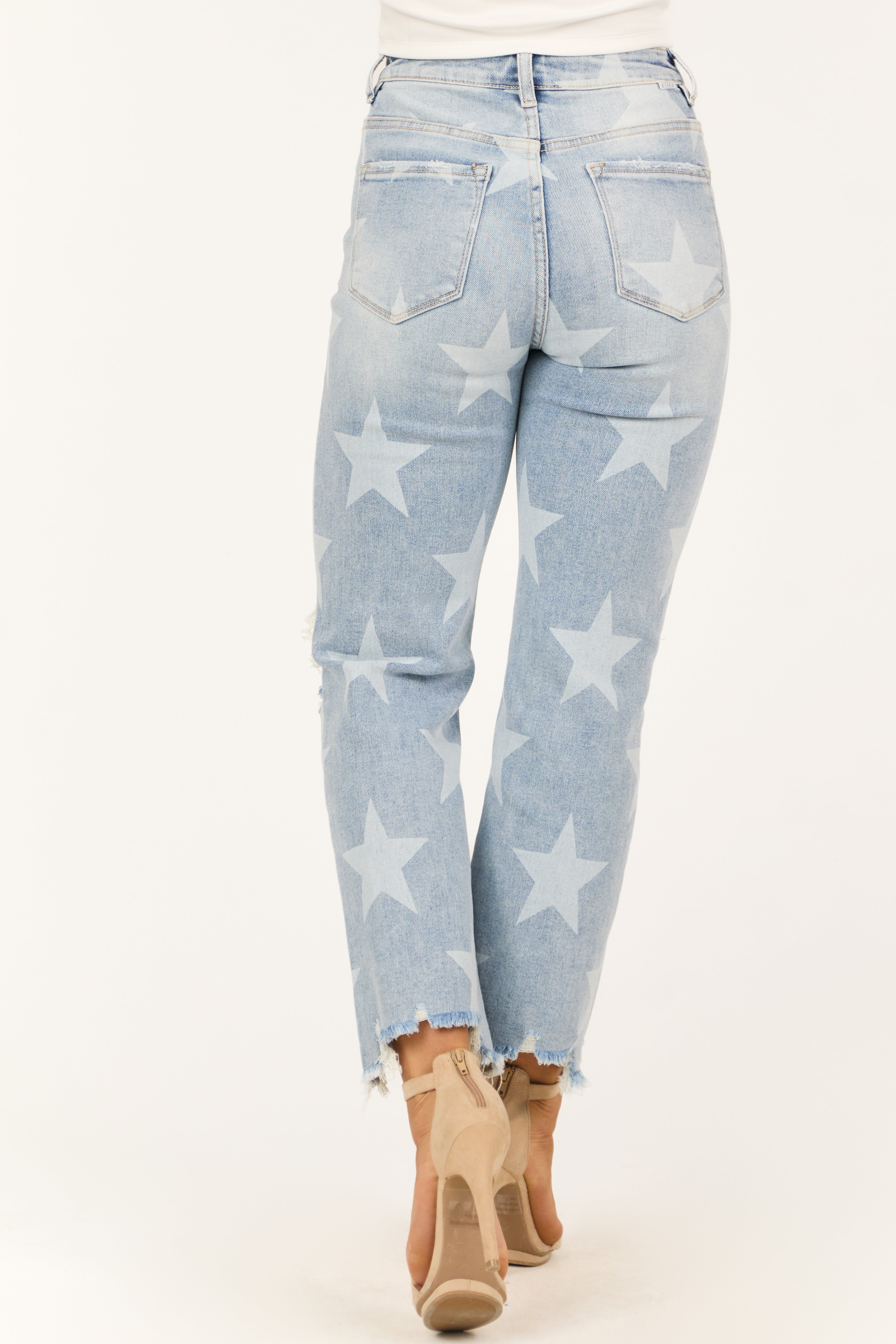 Risen Light Wash Star Print Cropped Straight Jeans-Newayad