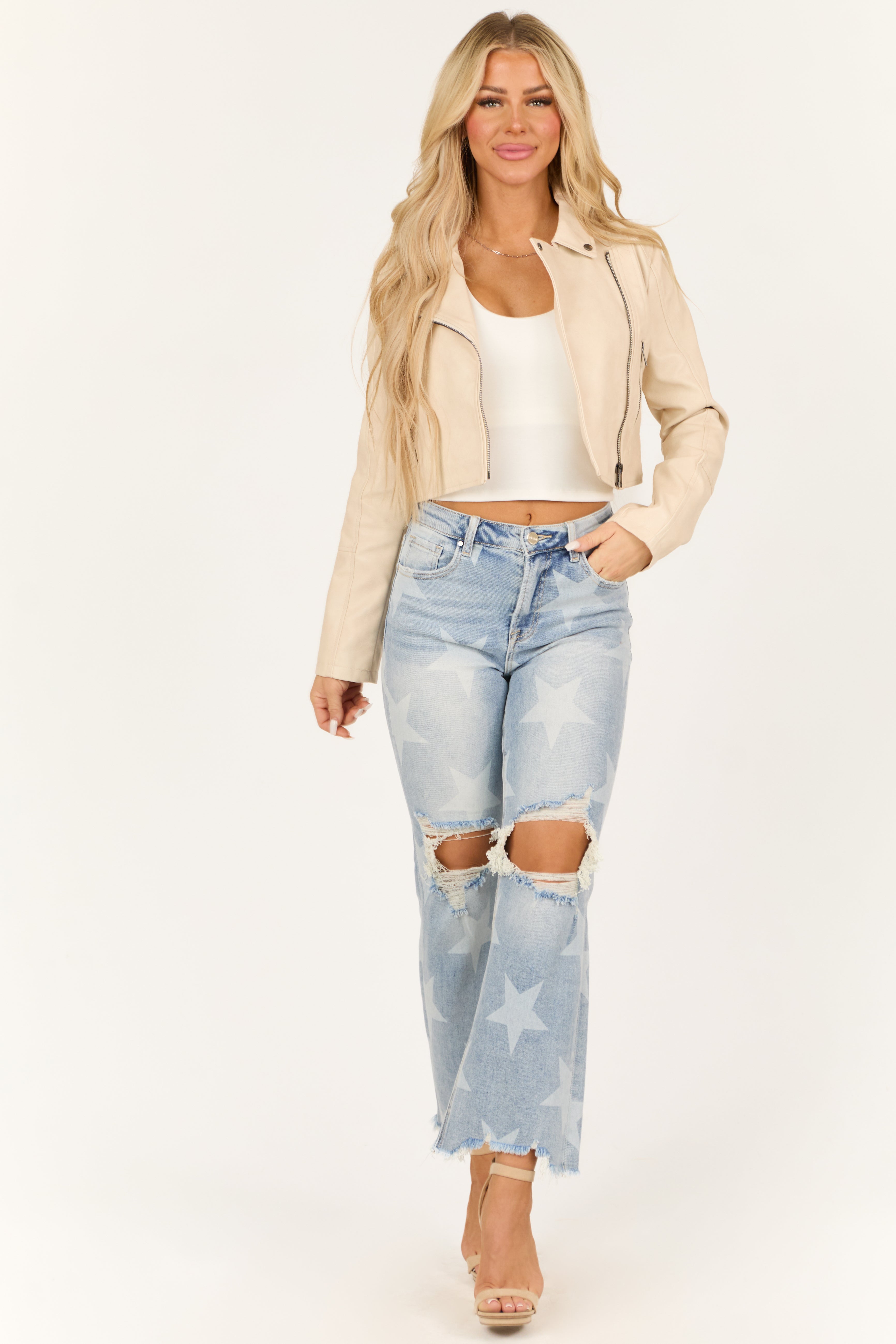 Risen Light Wash Star Print Cropped Straight Jeans-Newayad