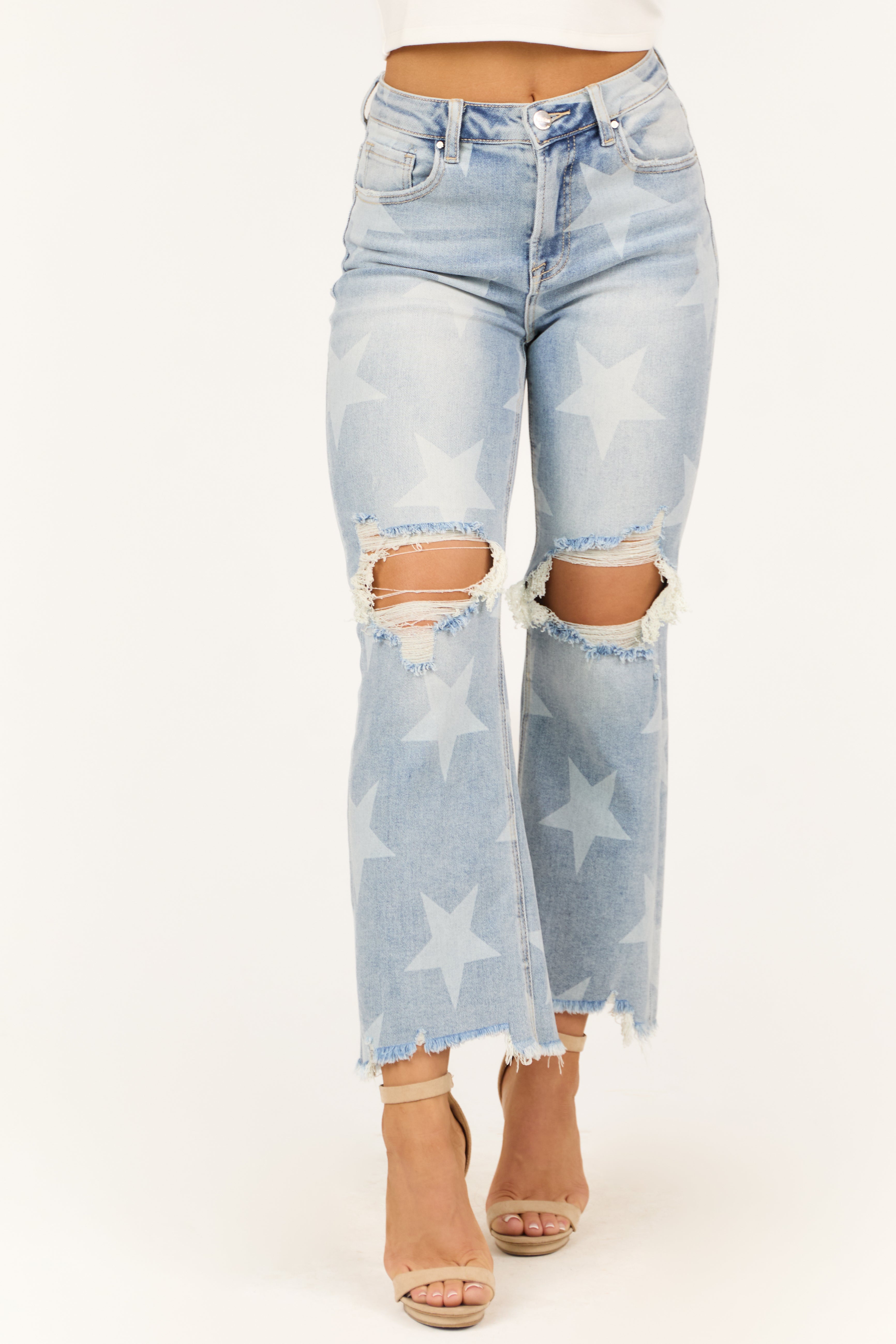 Risen Light Wash Star Print Cropped Straight Jeans-Newayad