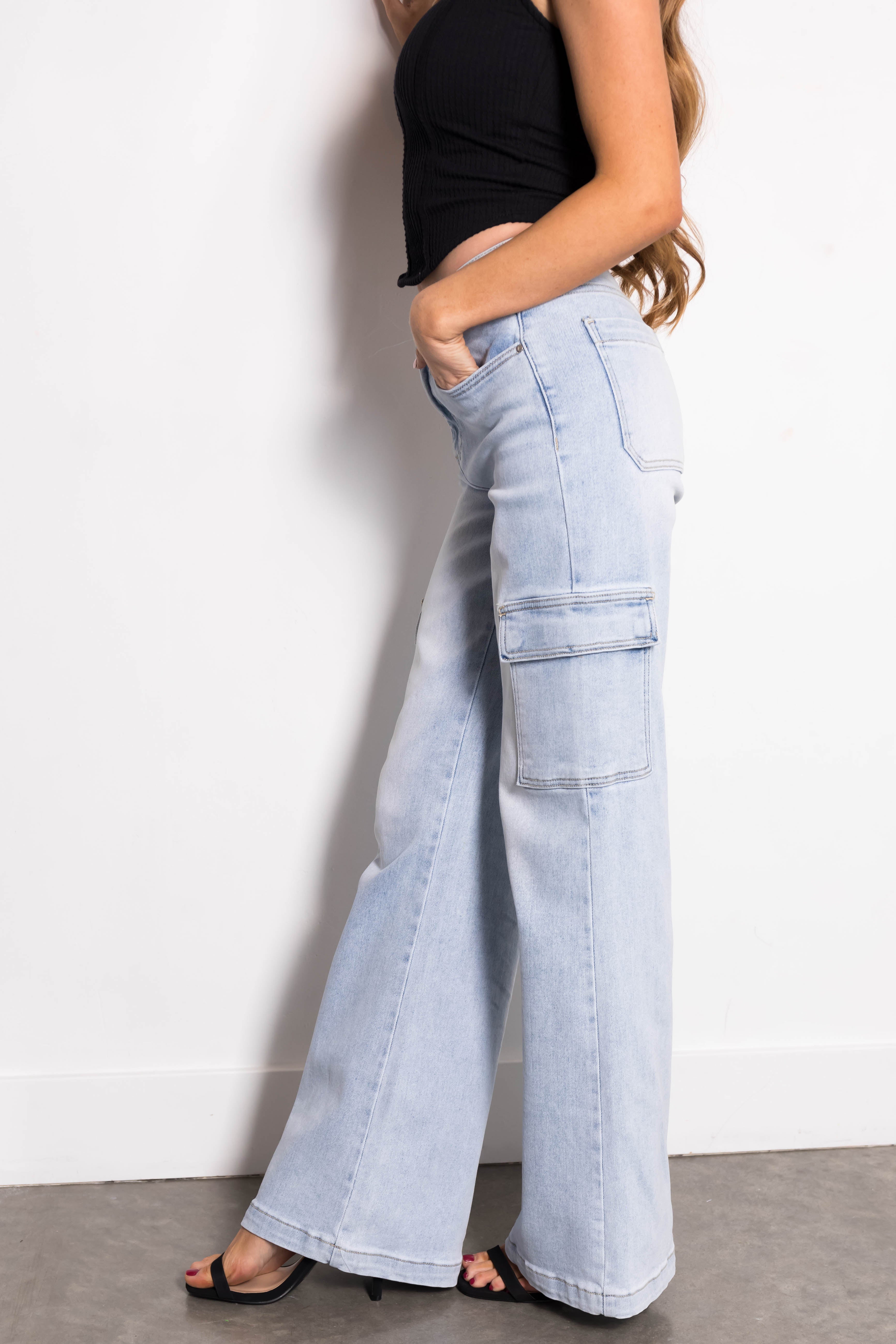 Risen Light Wash Straight Leg Cargo Jeans-Newayad