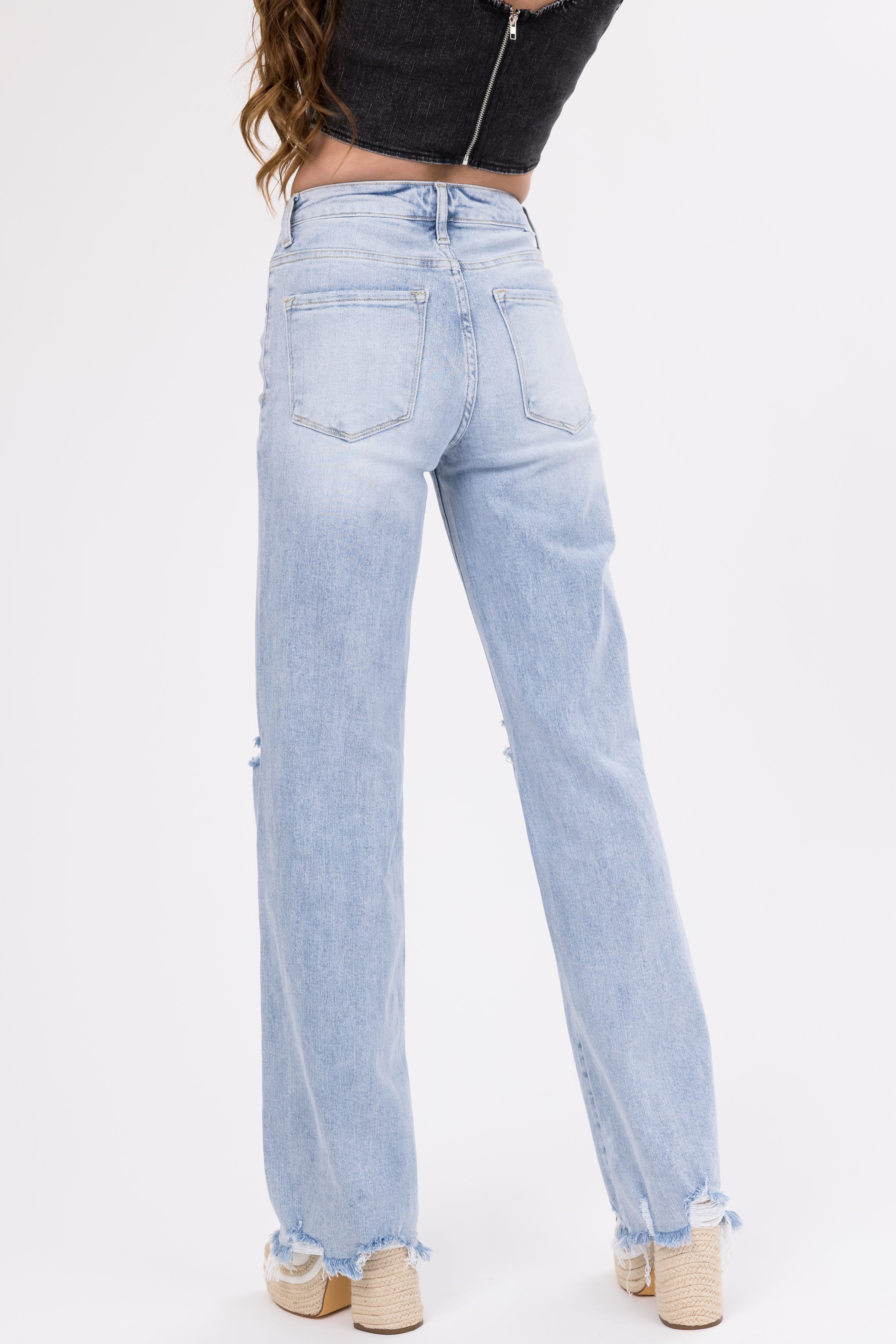 Risen Light Wash Wide Leg Ripped Jeans-Newayad