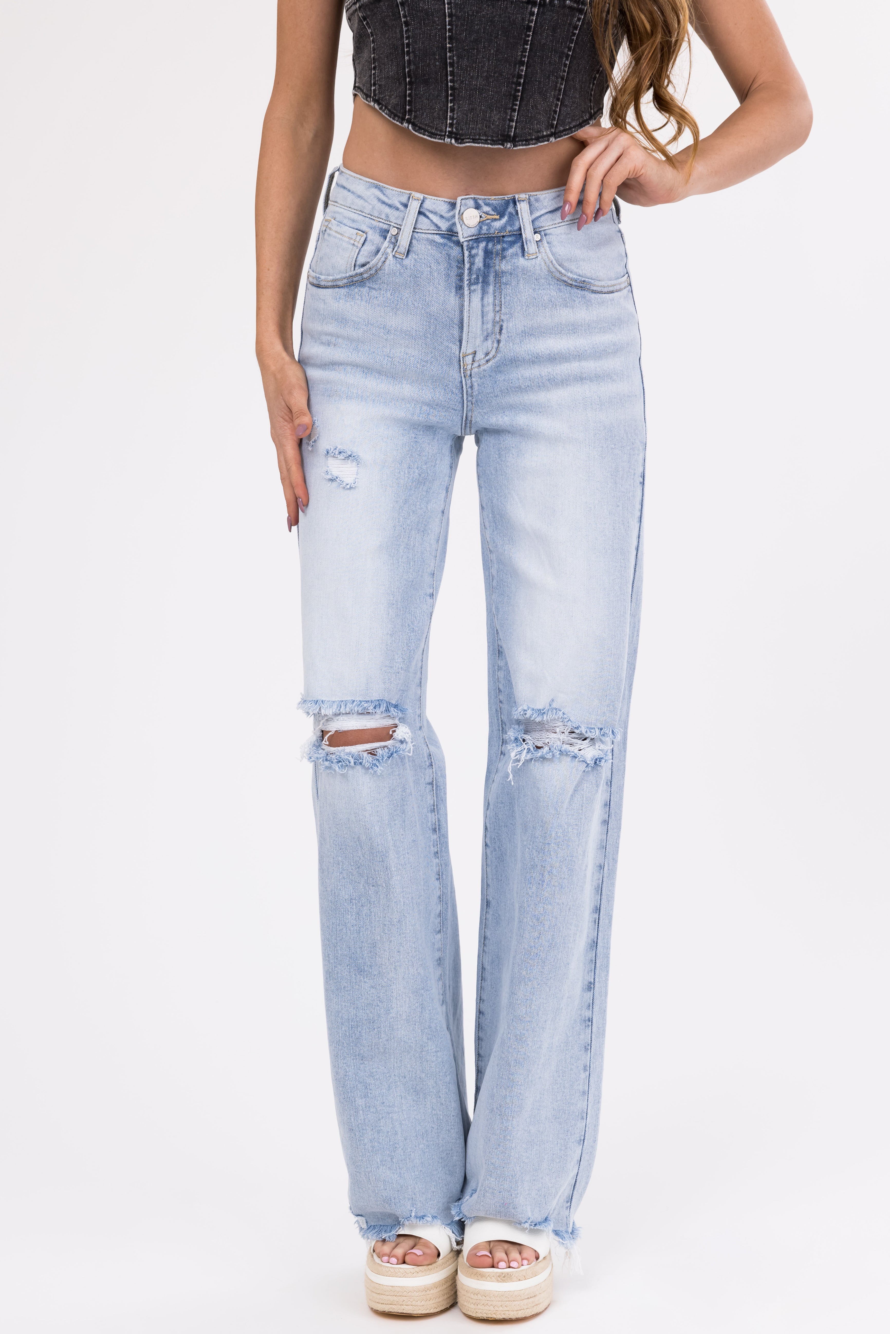 Risen Light Wash Wide Leg Ripped Jeans-Newayad