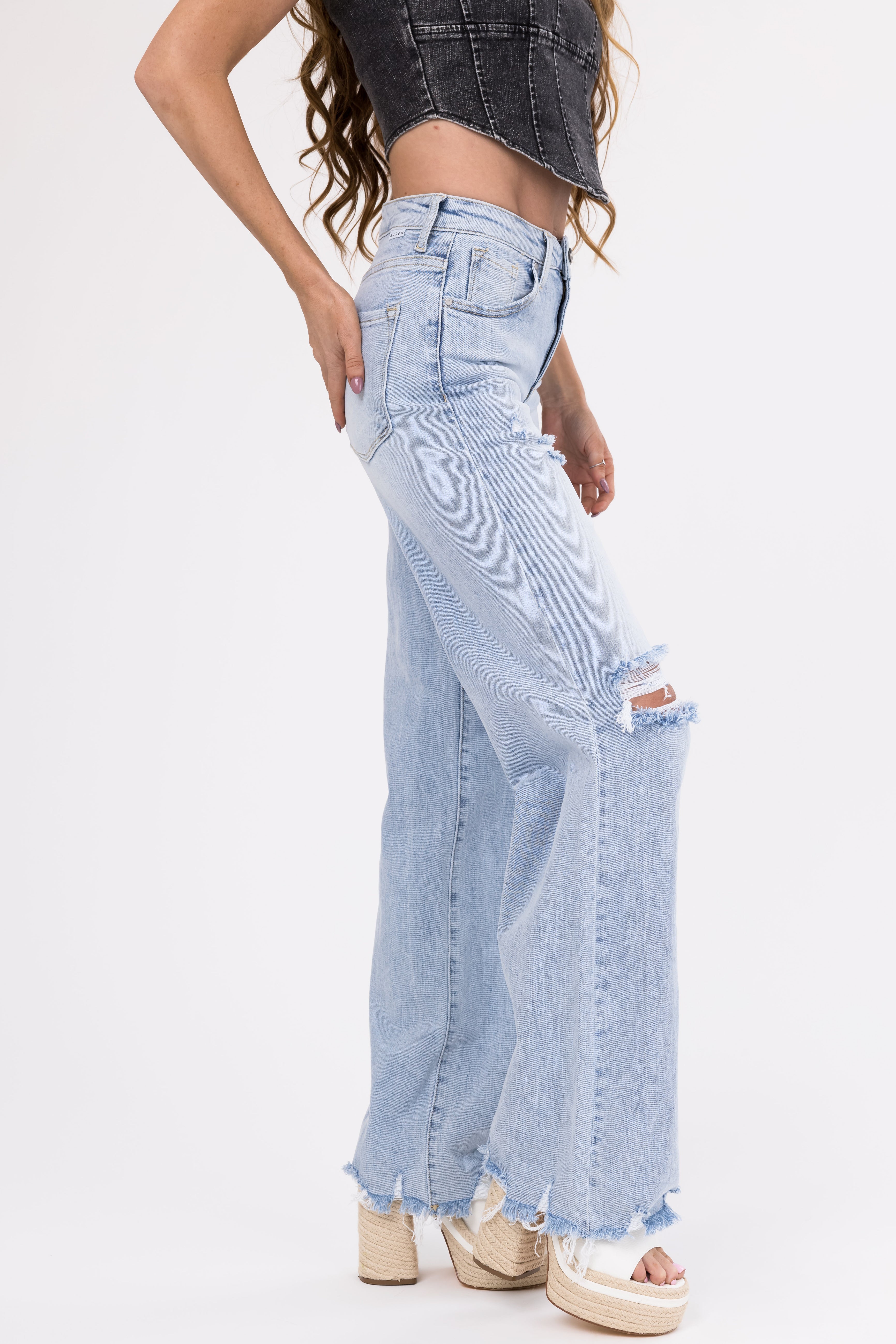 Risen Light Wash Wide Leg Ripped Jeans-Newayad