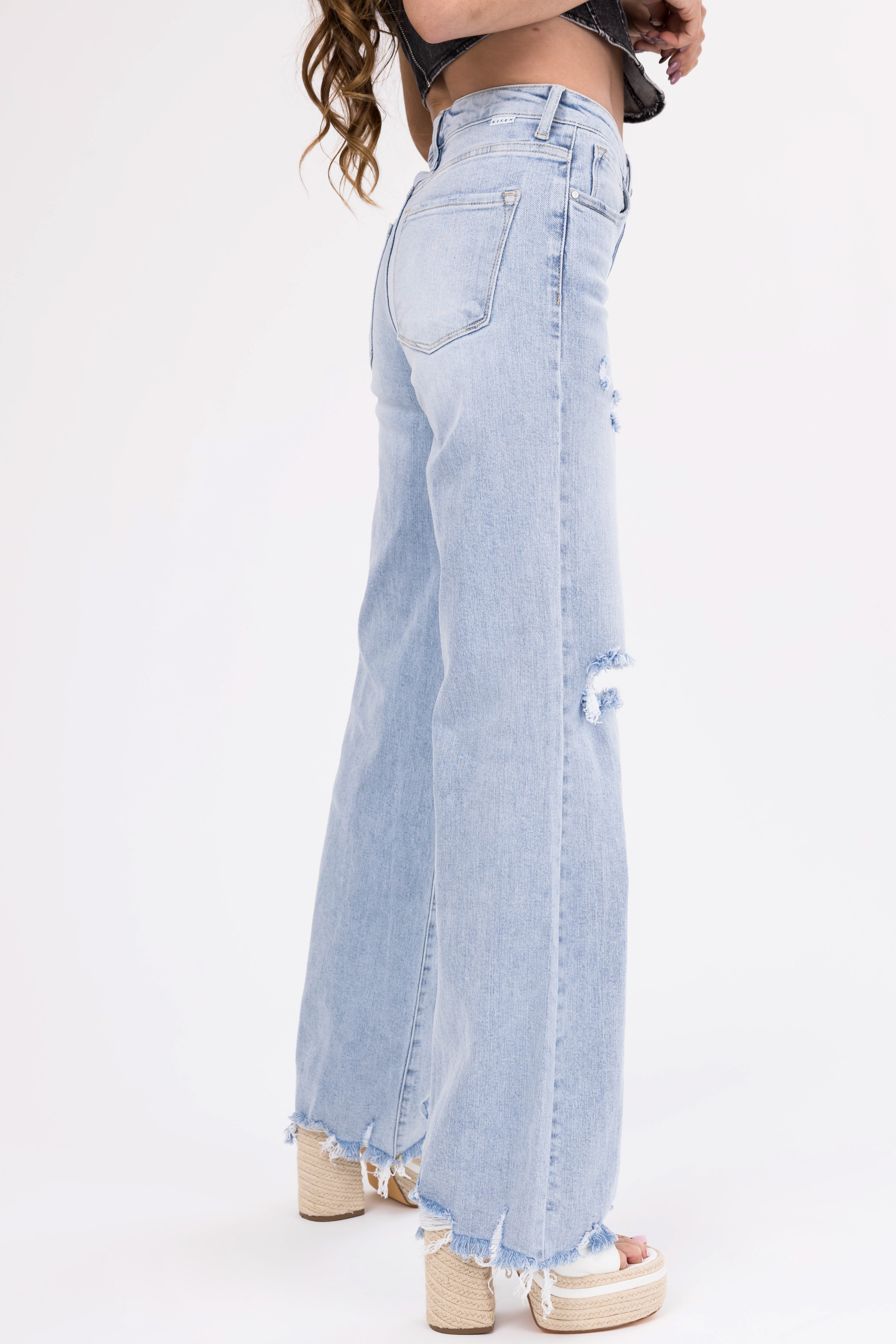 Risen Light Wash Wide Leg Ripped Jeans-Newayad