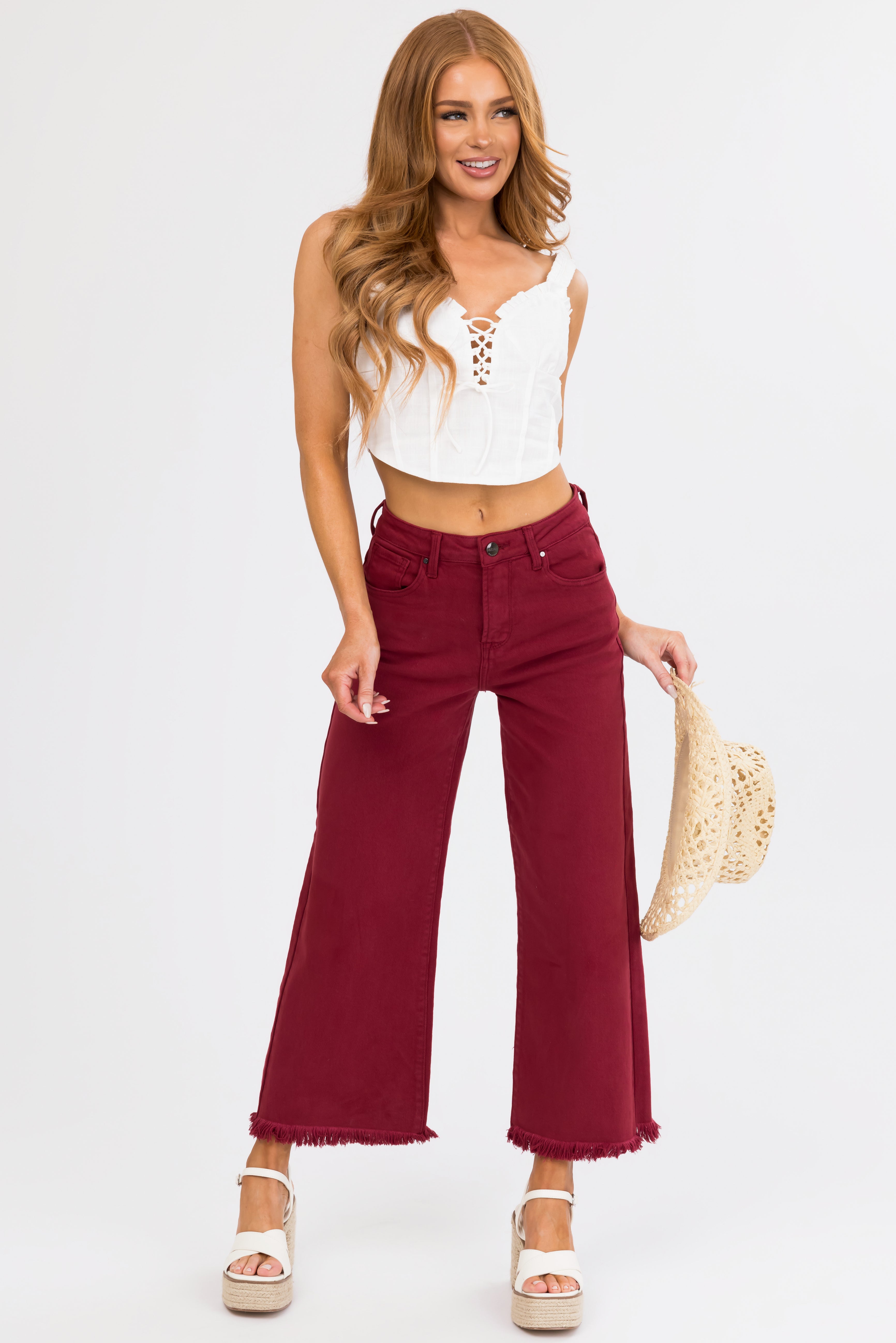 Risen Maroon Tummy Control Cropped Wide Jeans-Newayad