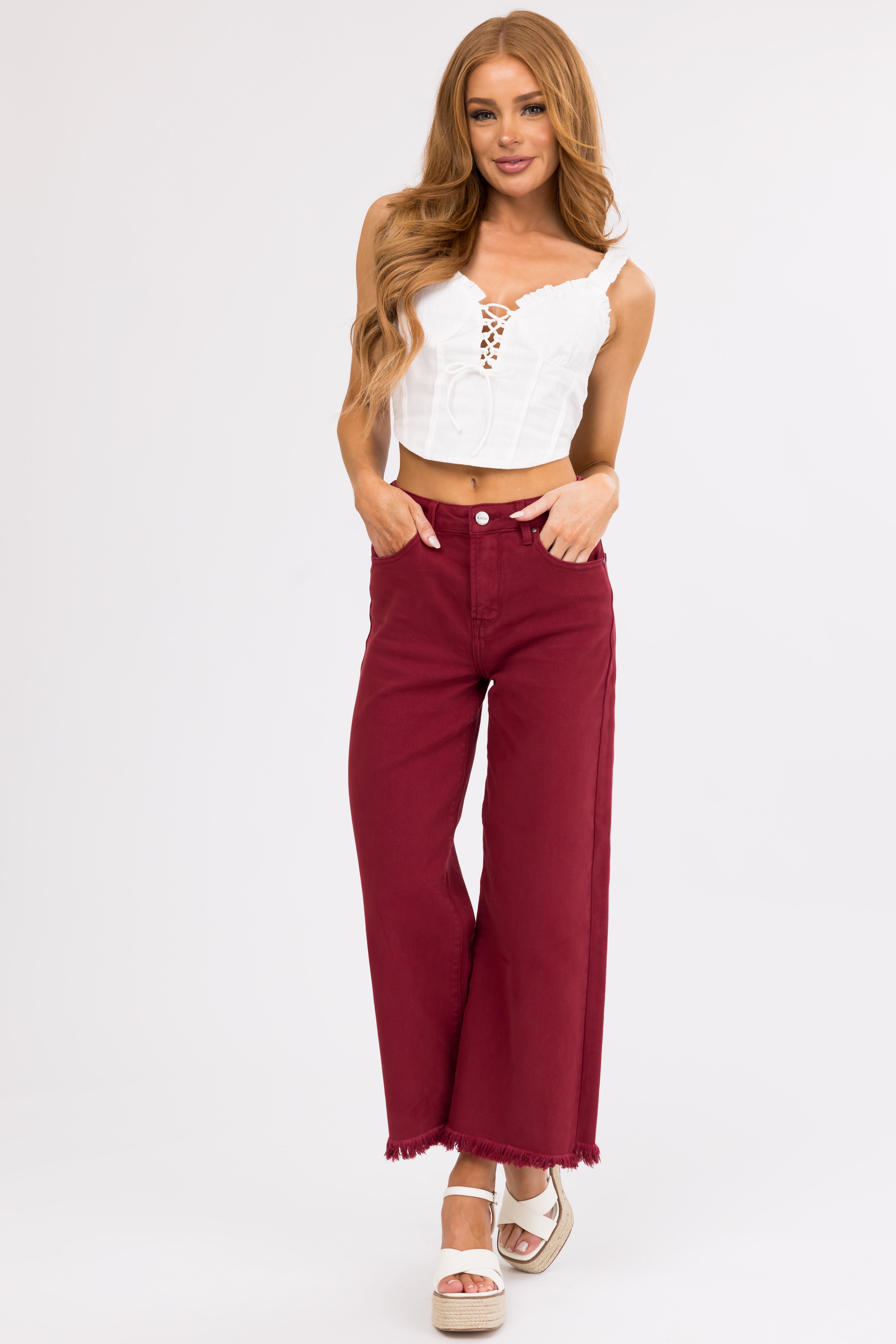 Risen Maroon Tummy Control Cropped Wide Jeans-Newayad