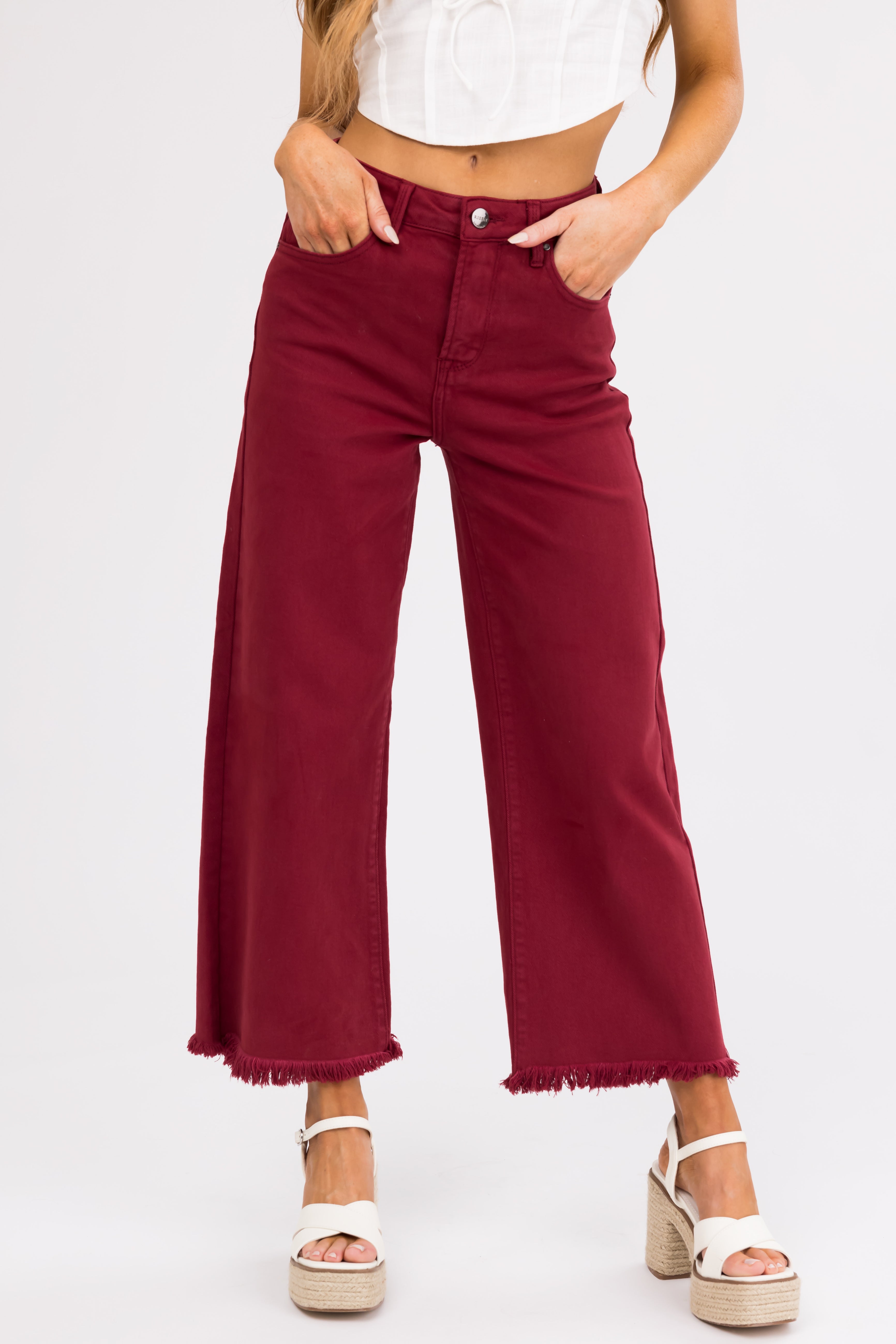 Risen Maroon Tummy Control Cropped Wide Jeans-Newayad