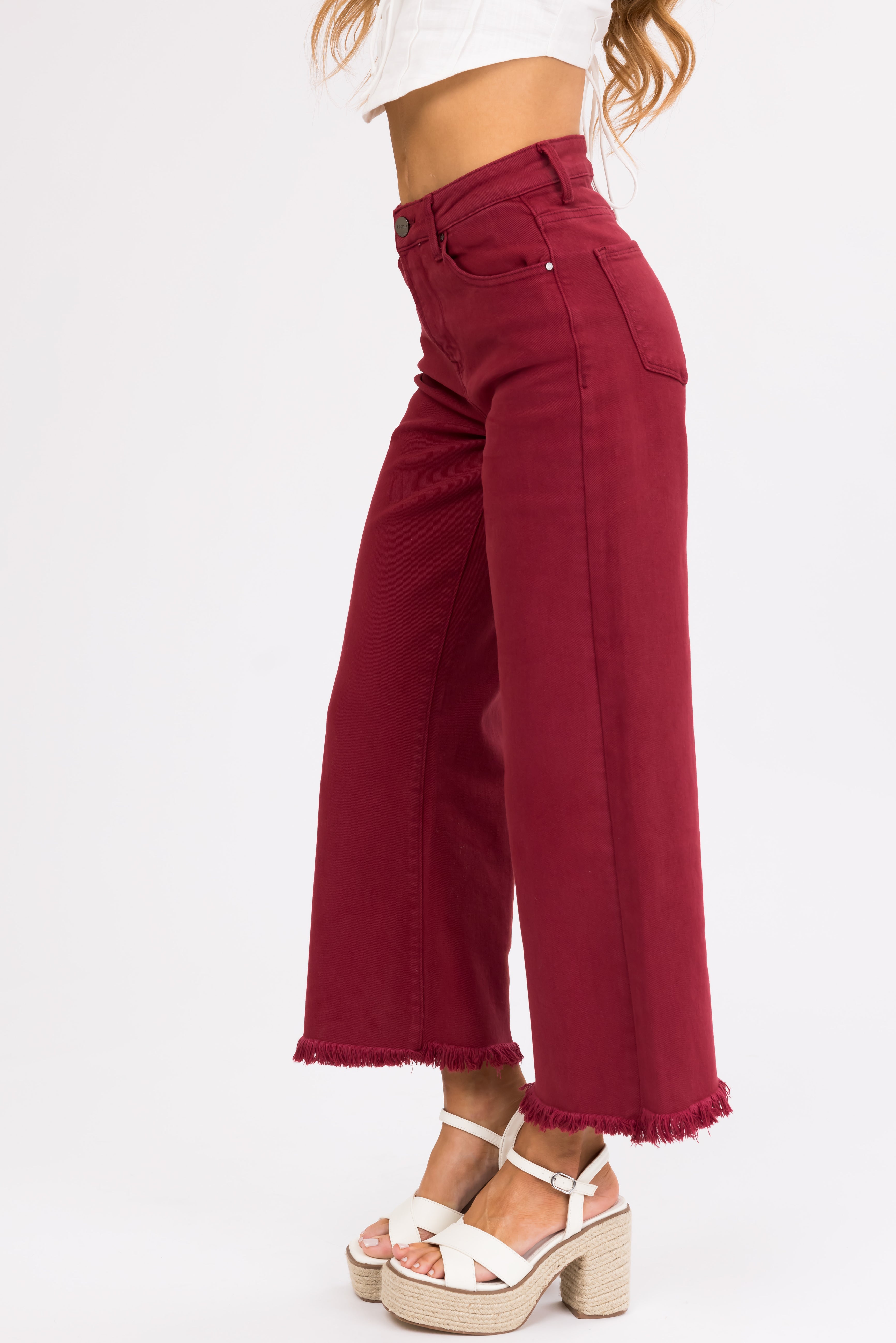 Risen Maroon Tummy Control Cropped Wide Jeans-Newayad