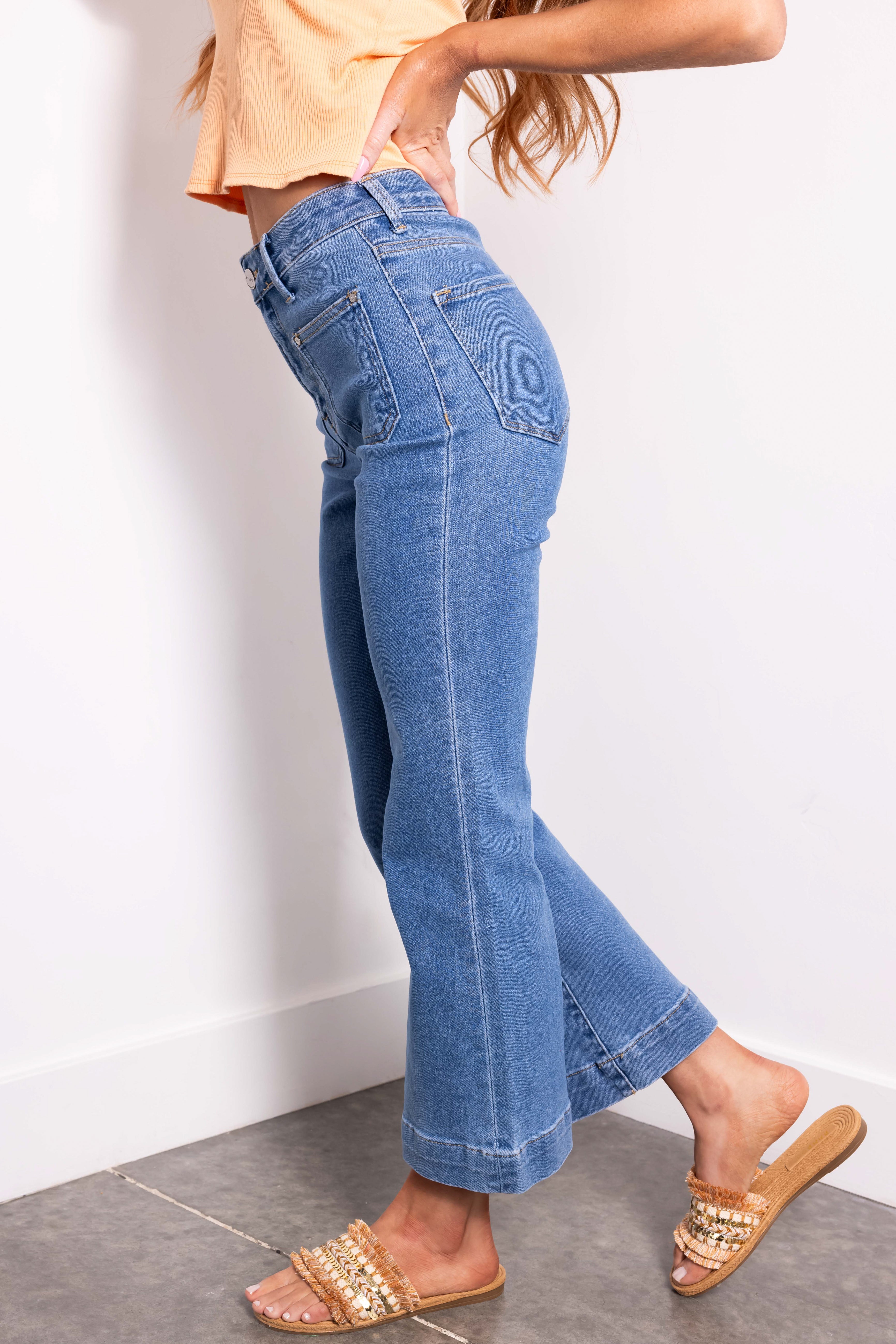 Risen Medium Wash Cropped Bootcut Jeans-Newayad