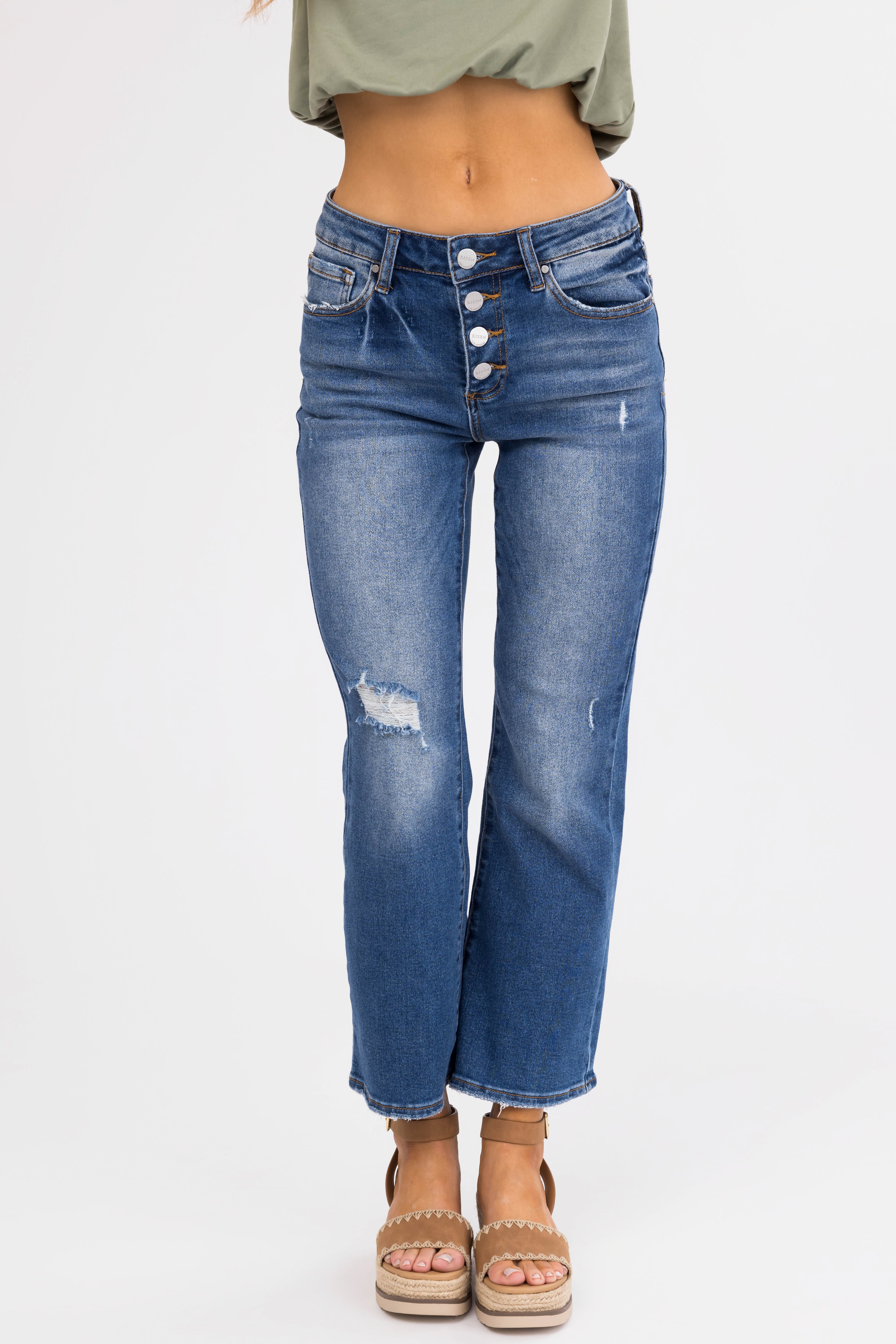 Risen Medium Wash Cropped Flare Leg Jeans-Newayad