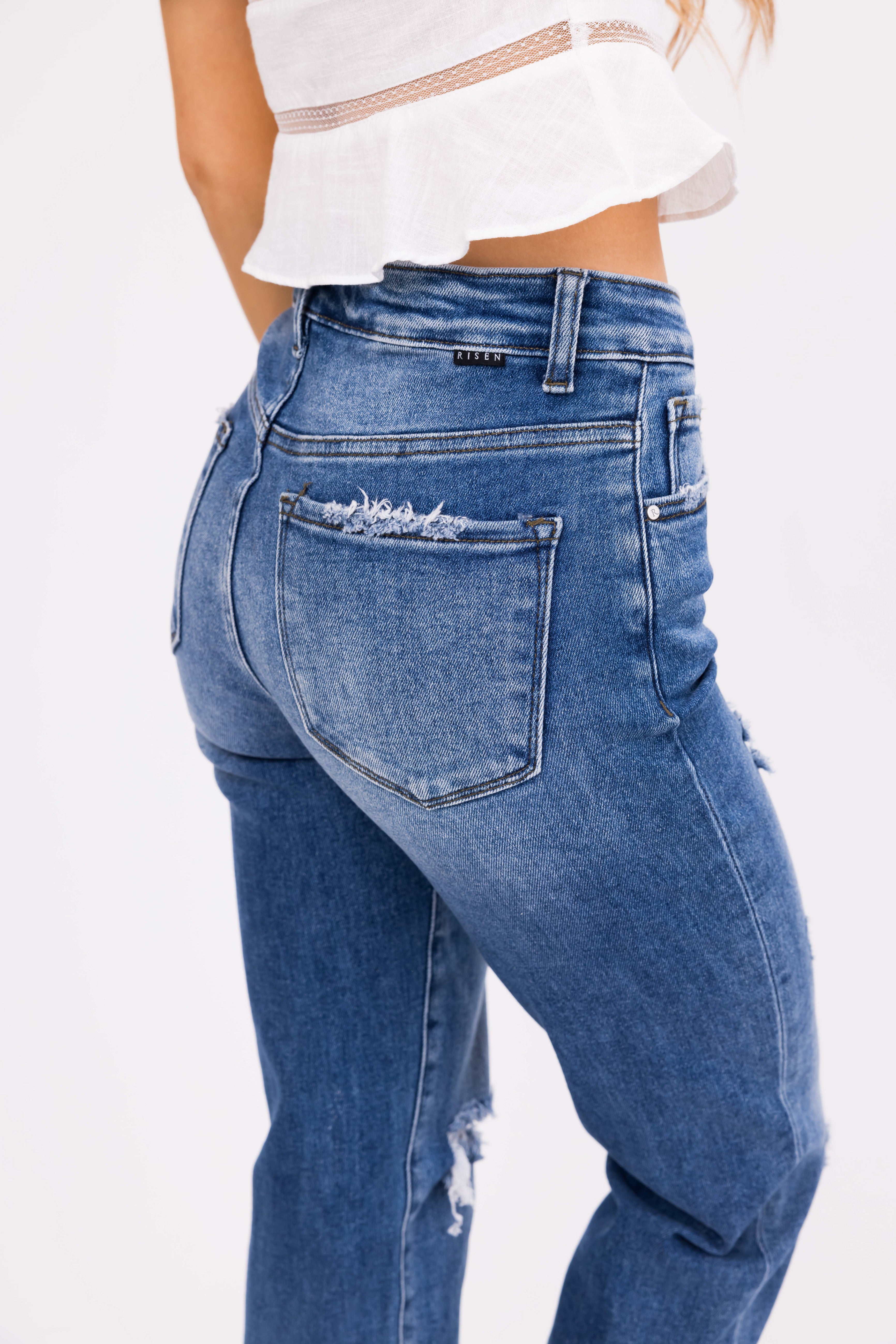 Risen Medium Wash Girlfriend Cropped Jeans-Newayad