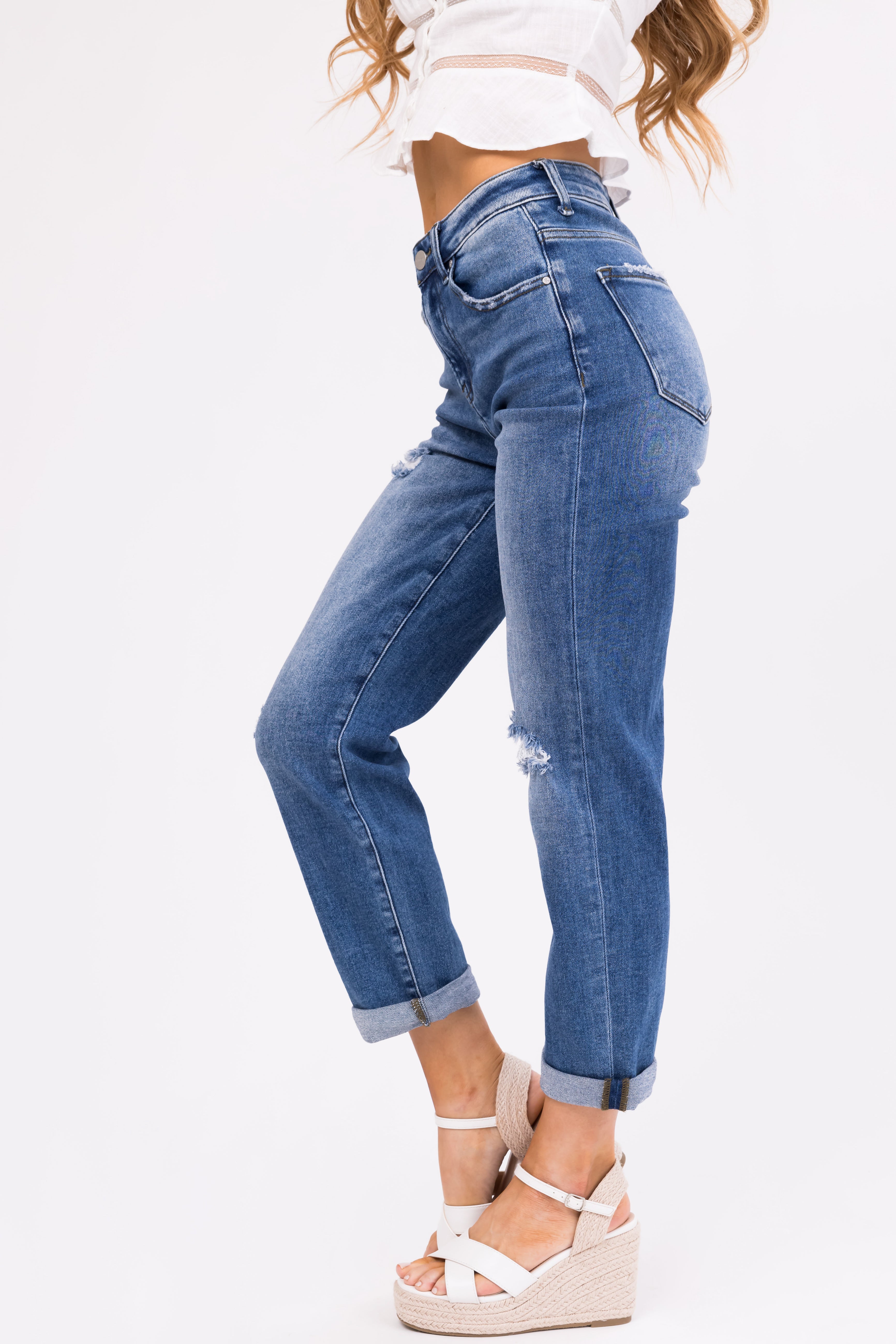 Risen Medium Wash Girlfriend Cropped Jeans-Newayad