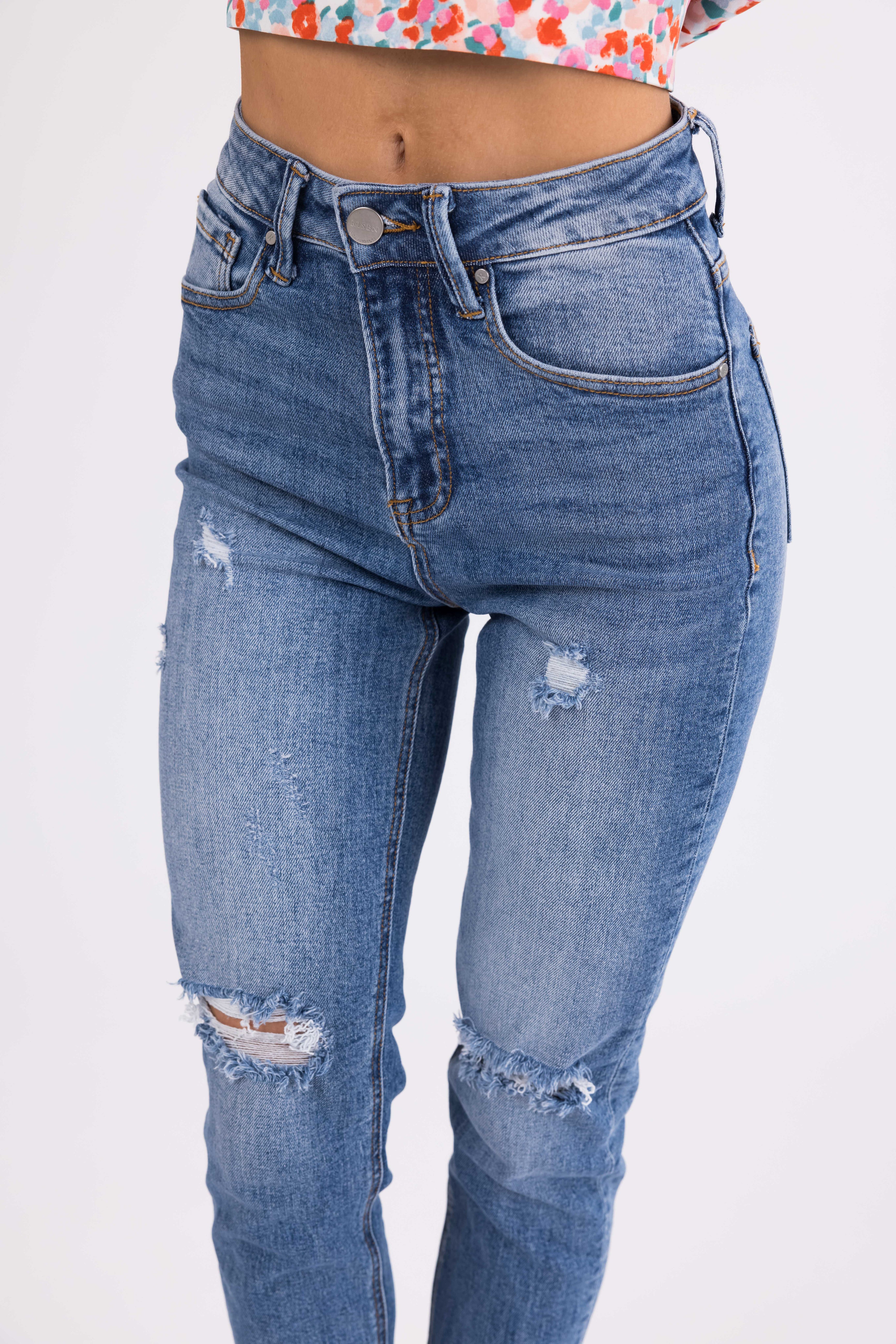Risen Medium Wash High Rise Skinny Jeans-Newayad