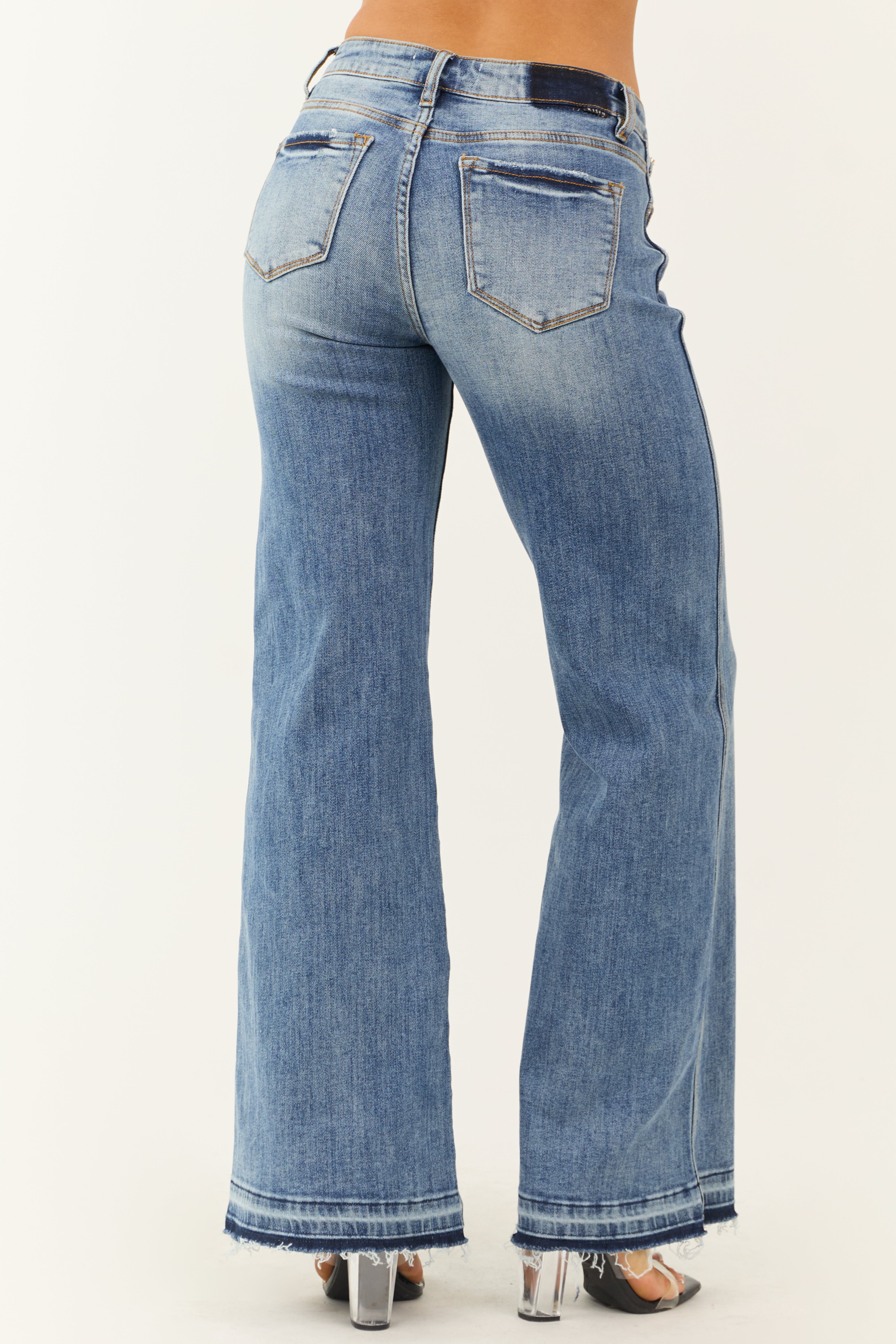 Risen Medium Wash Wide Leg Released Hem Jeans-Newayad