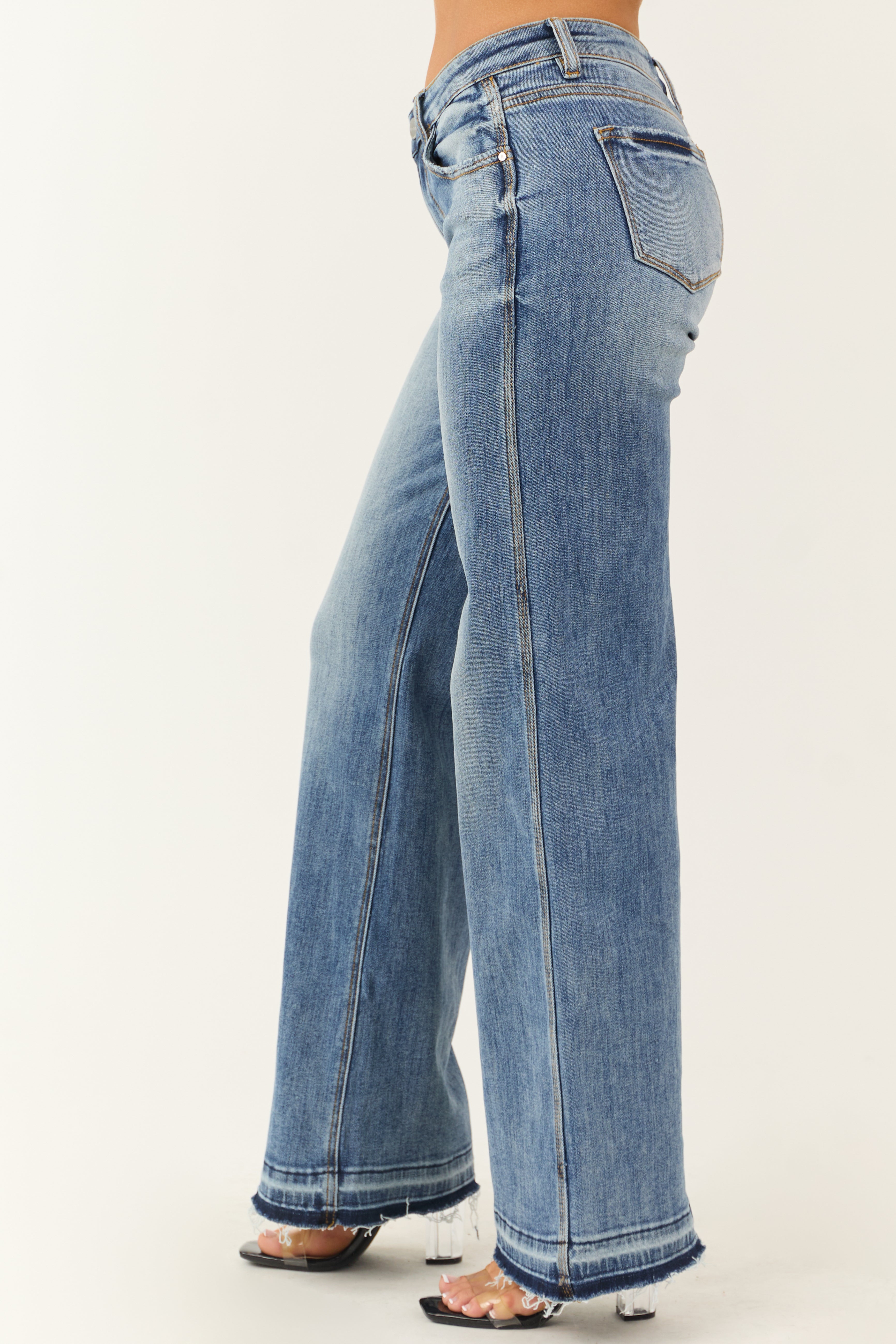 Risen Medium Wash Wide Leg Released Hem Jeans-Newayad