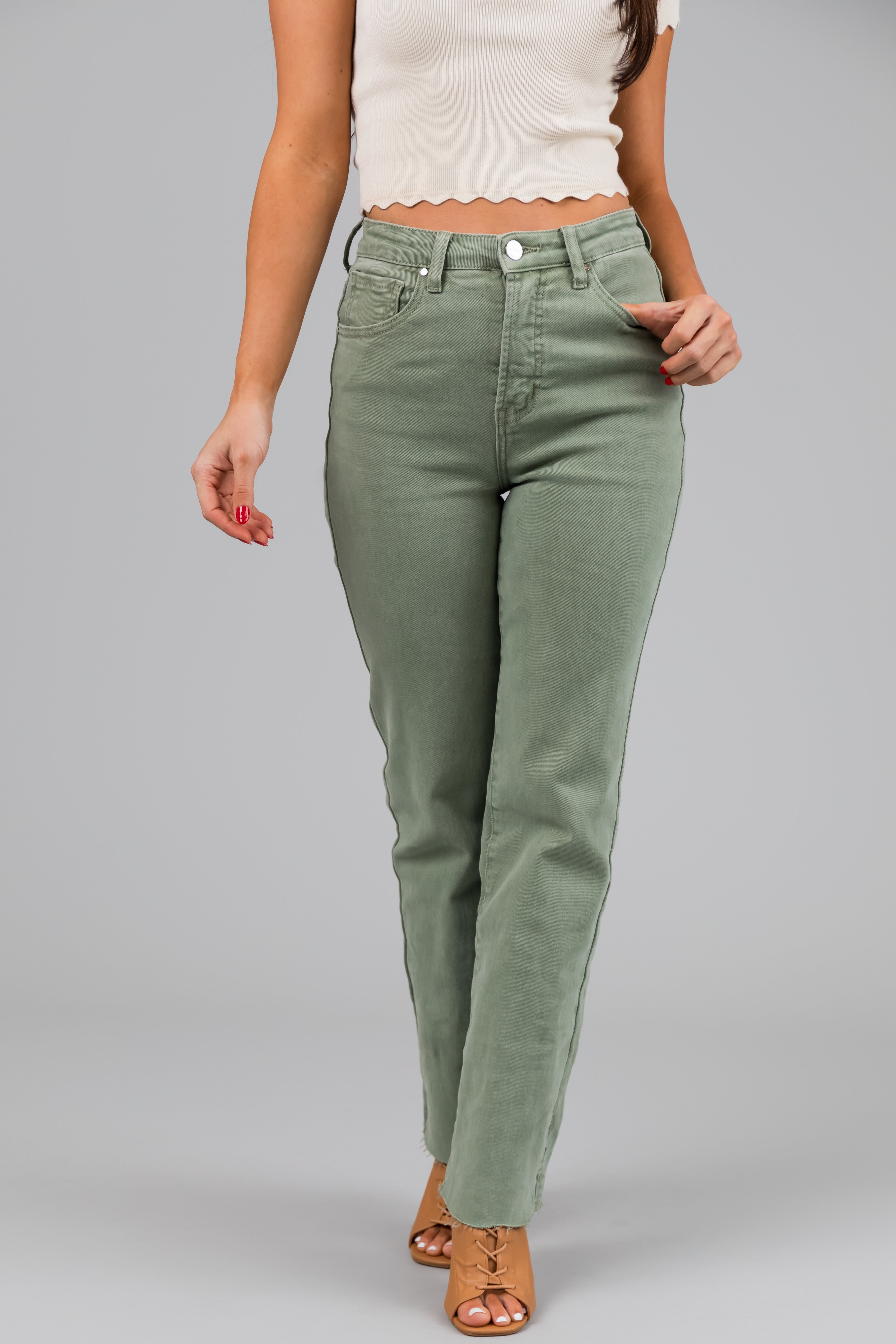 Risen Sage High Rise Straight Leg Raw Hem Jeans-Newayad