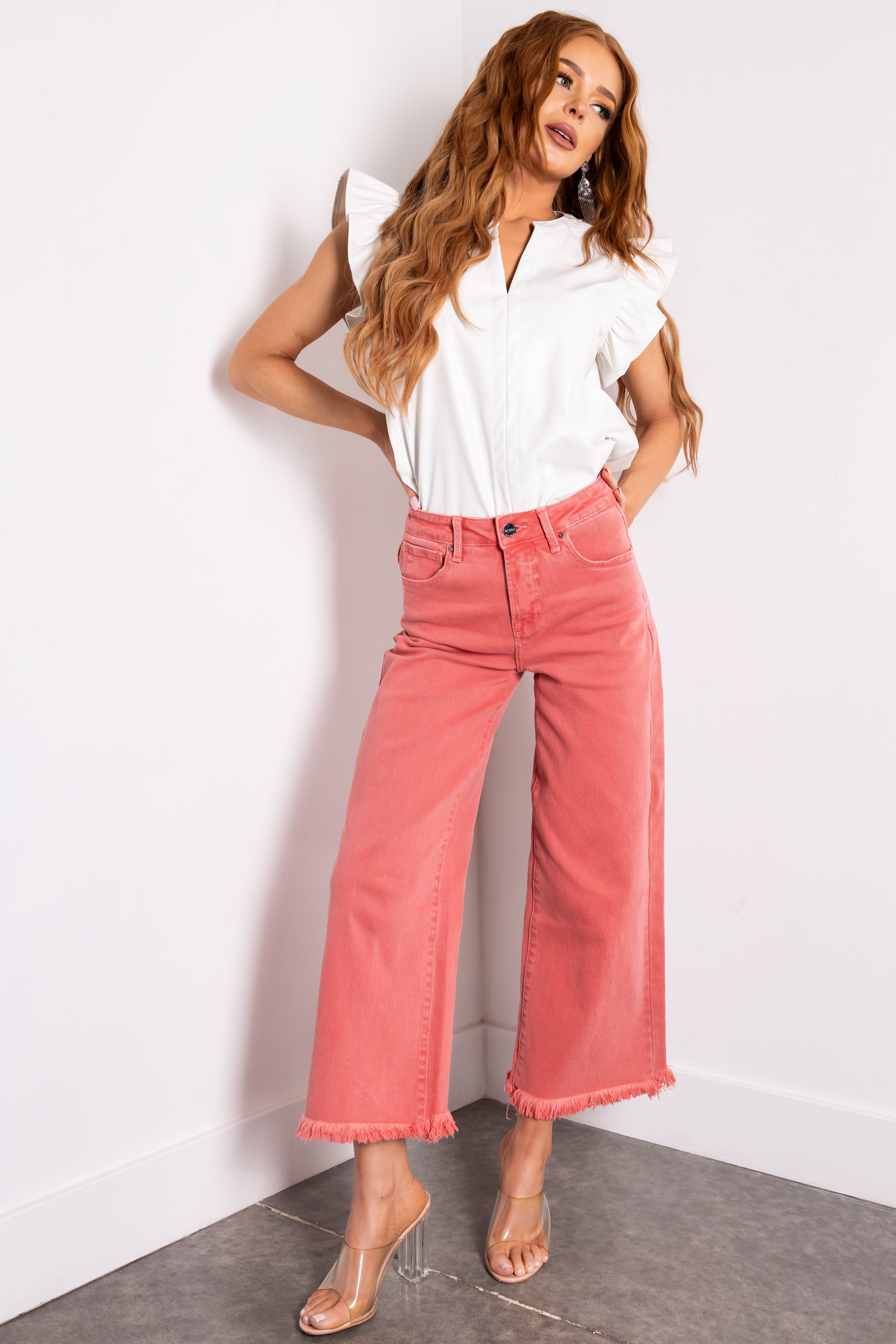 Risen Watermelon Tummy Control Cropped Wide Jeans-Newayad