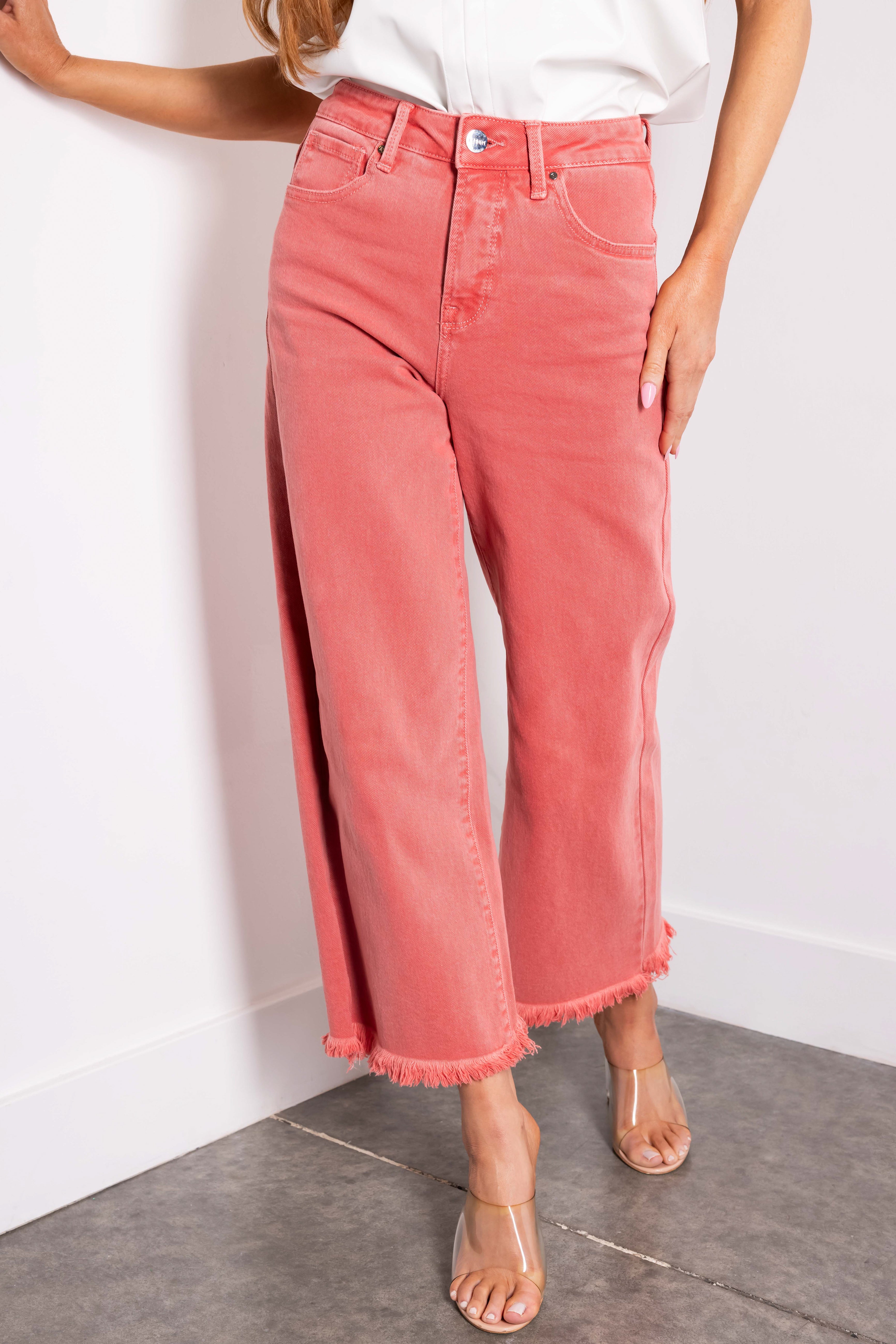 Risen Watermelon Tummy Control Cropped Wide Jeans-Newayad