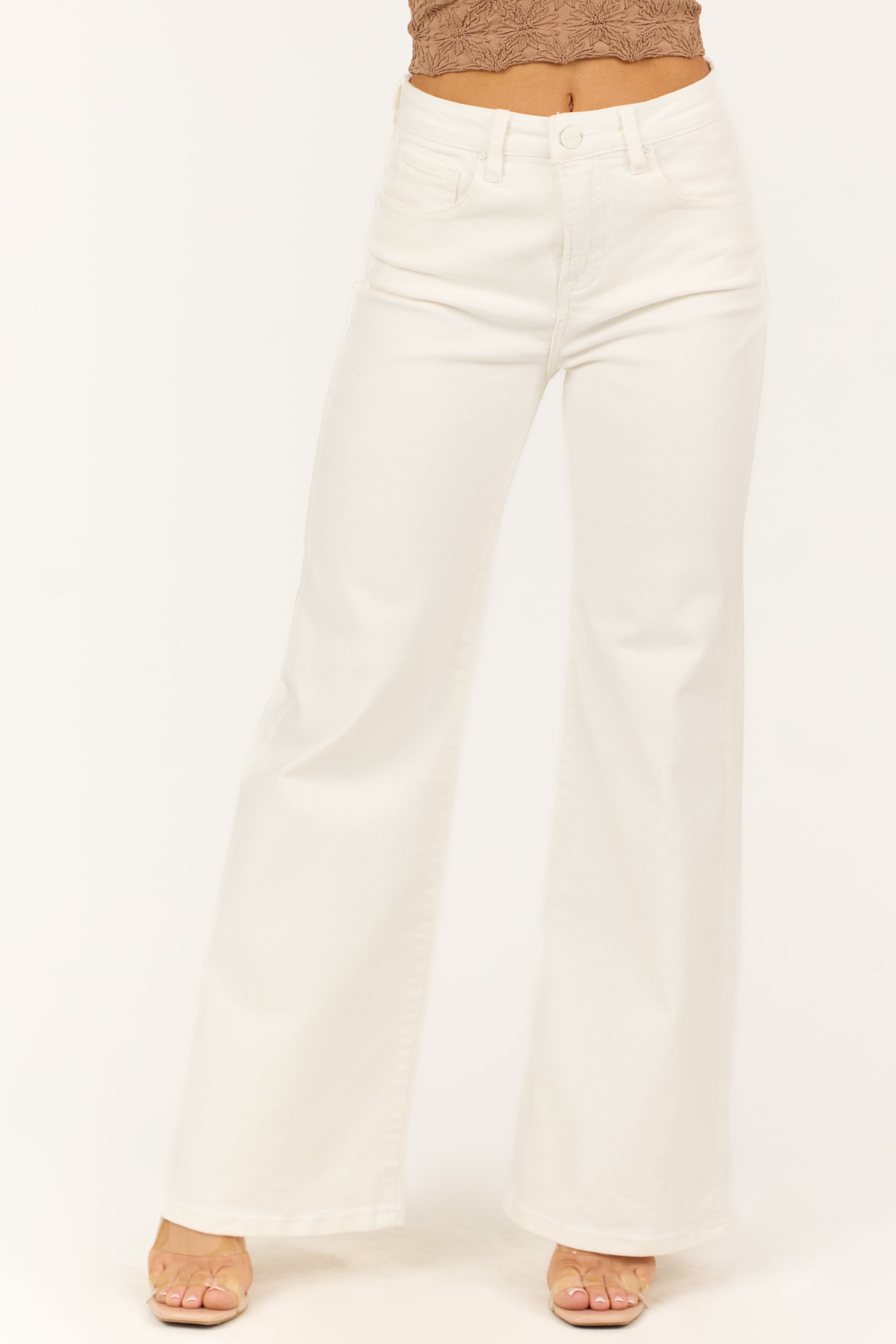 Risen White Tummy Control Wide Leg High Rise Jeans-Newayad