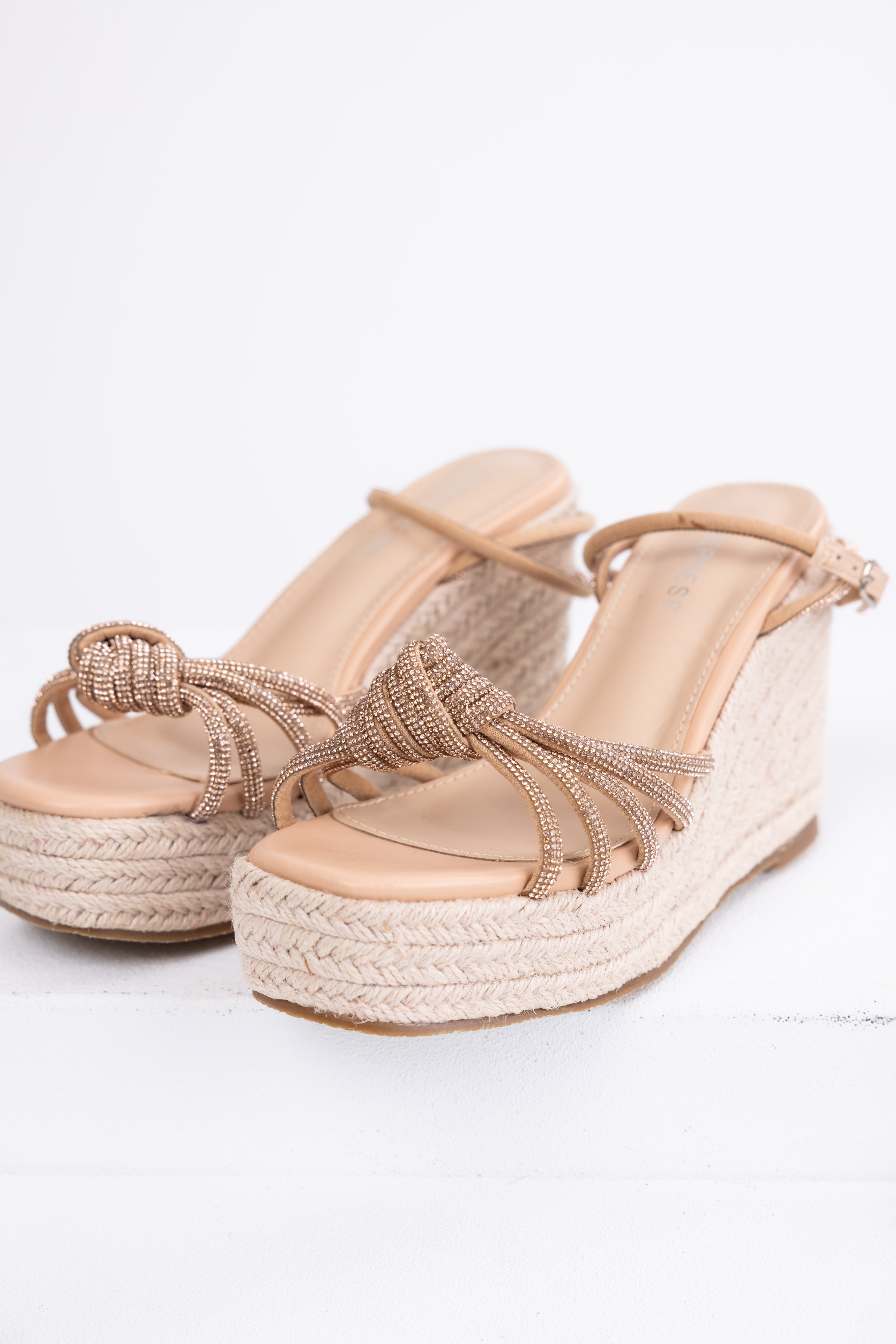 Rose Gold Rhinestone Strappy Espadrille Wedges-Newayad