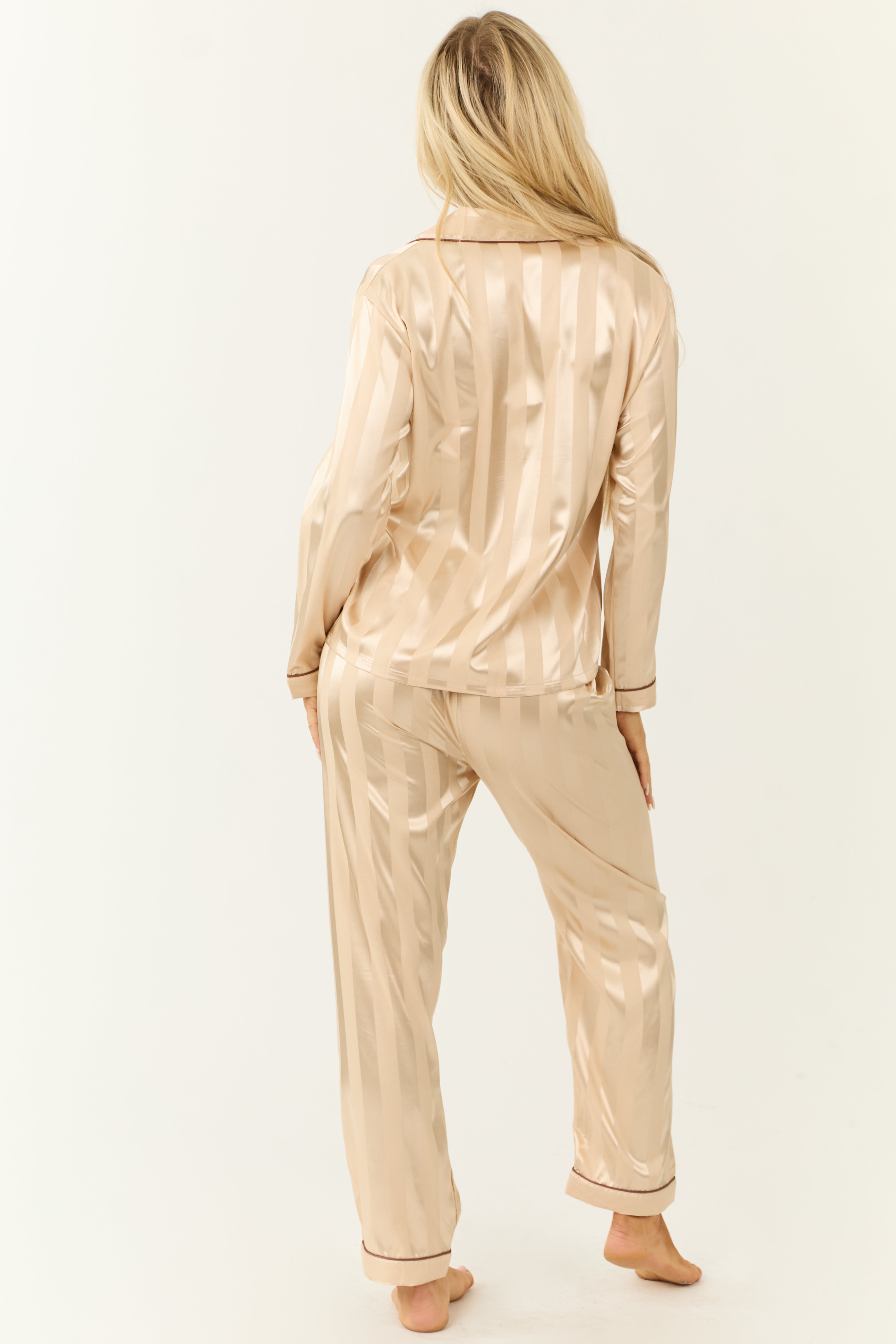 Sand Striped Button Down Pajama Set-Newayad