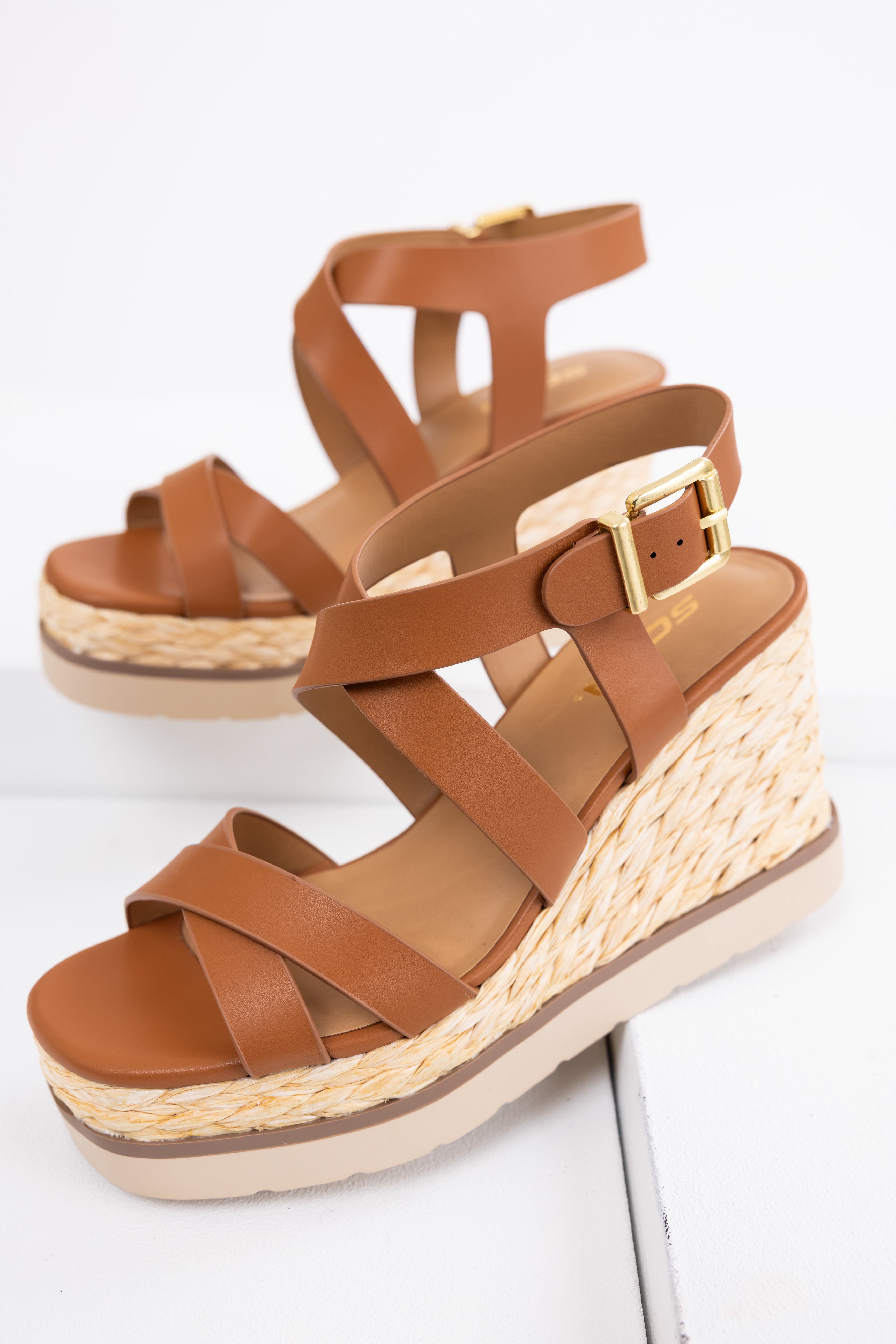 Sepia Strappy Jute Braided Platform Wedges-Newayad
