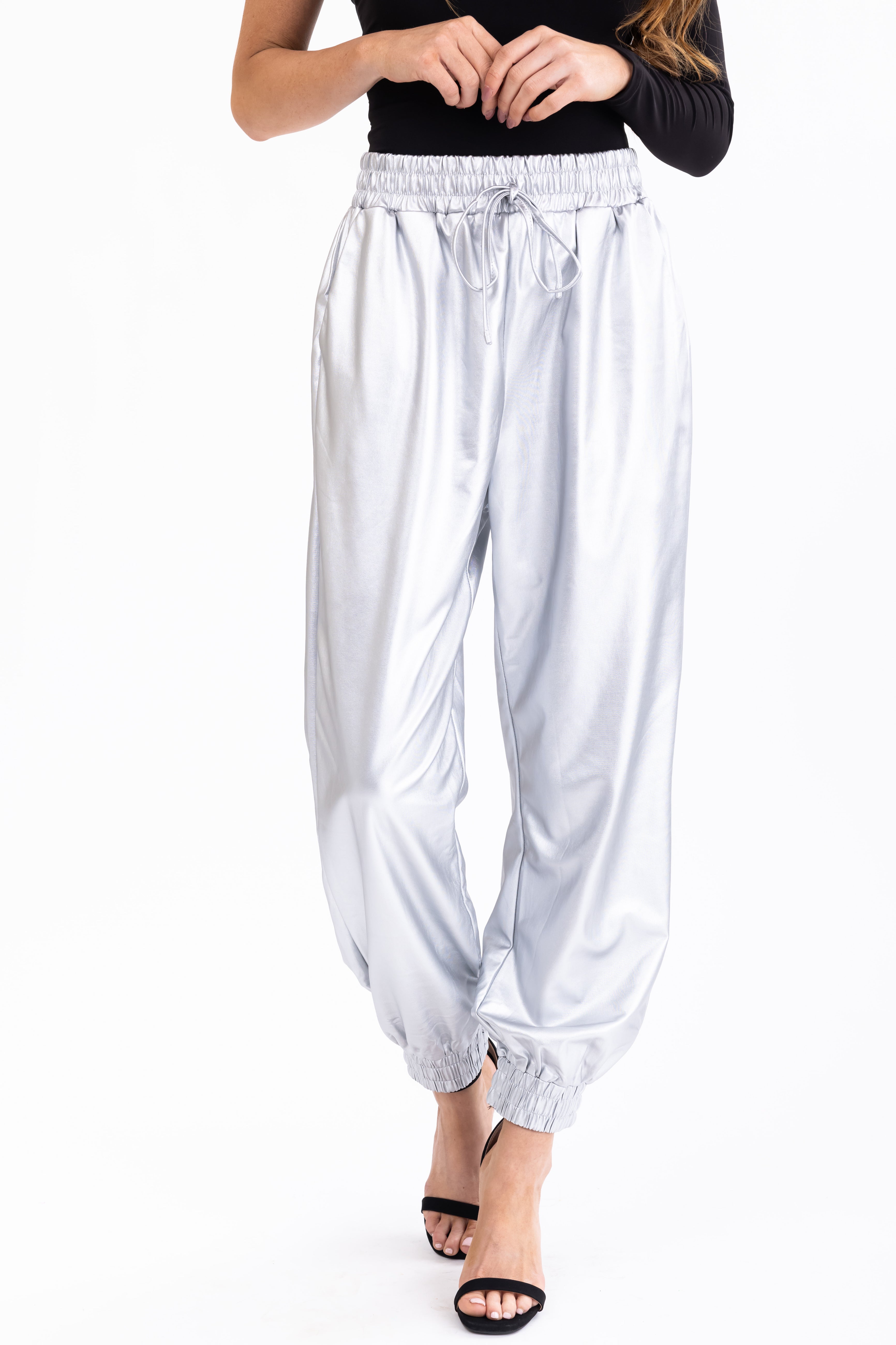 She+Sky Silver Metallic Knit Joggers-Newayad