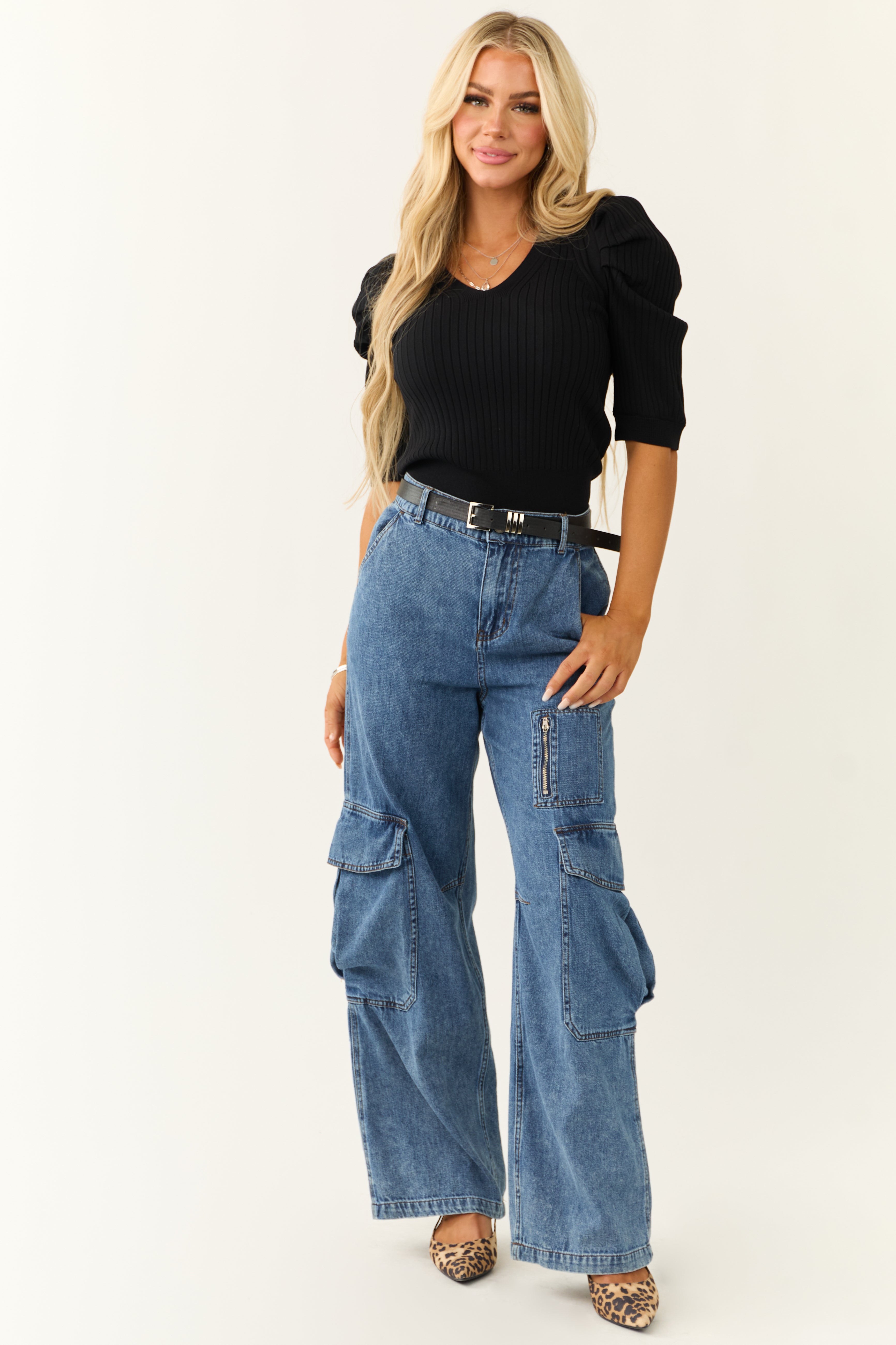 Signature8 Medium Wash Wide Leg Cargo Jeans-Newayad