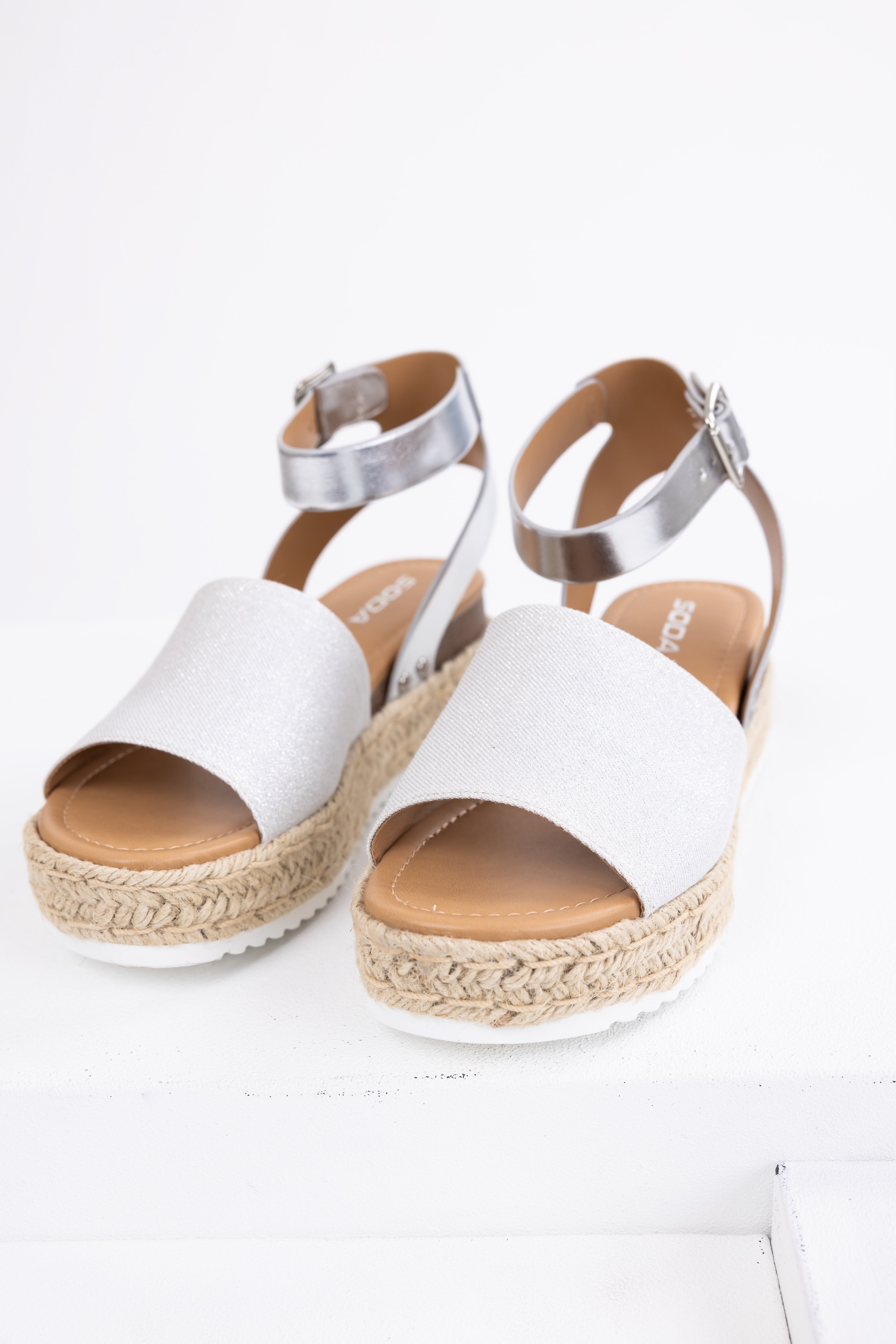 Silver Ankle Strap Espadrille Platform Sandals-Newayad
