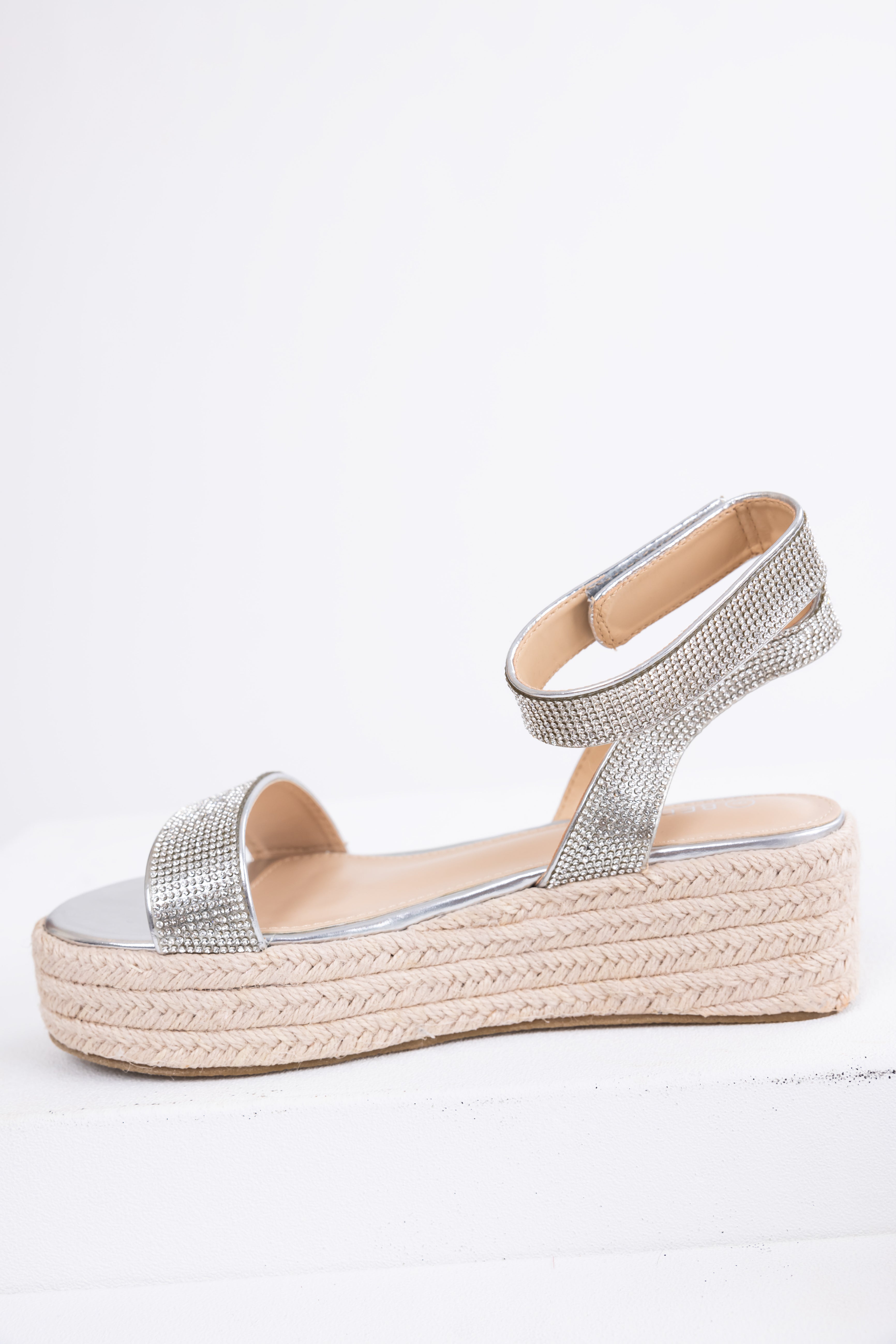 Silver Rhinestone Espadrille Platform Sandals-Newayad