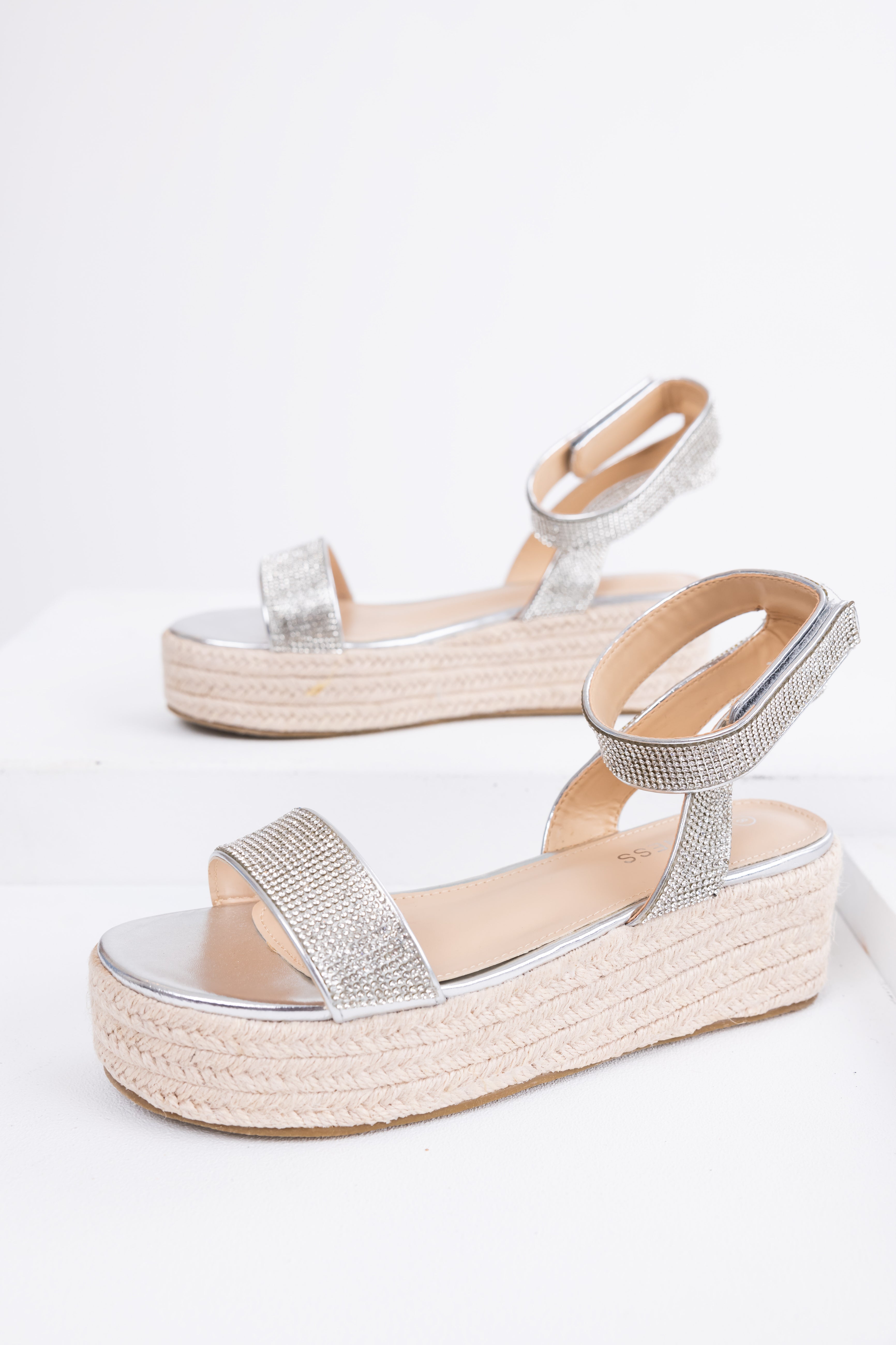 Silver Rhinestone Espadrille Platform Sandals-Newayad