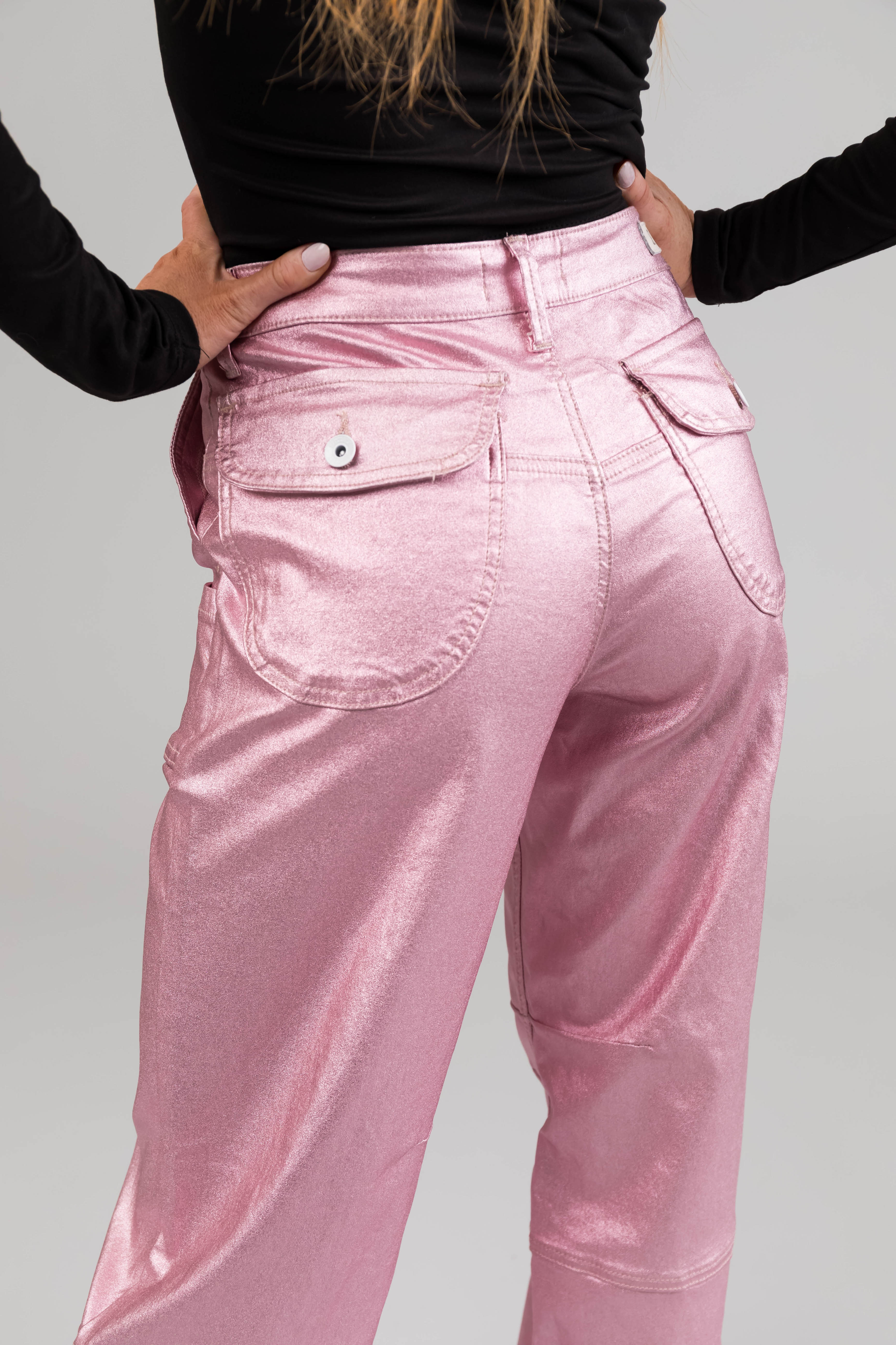 Special A Baby Pink Metallic Cargo Jeans-Newayad