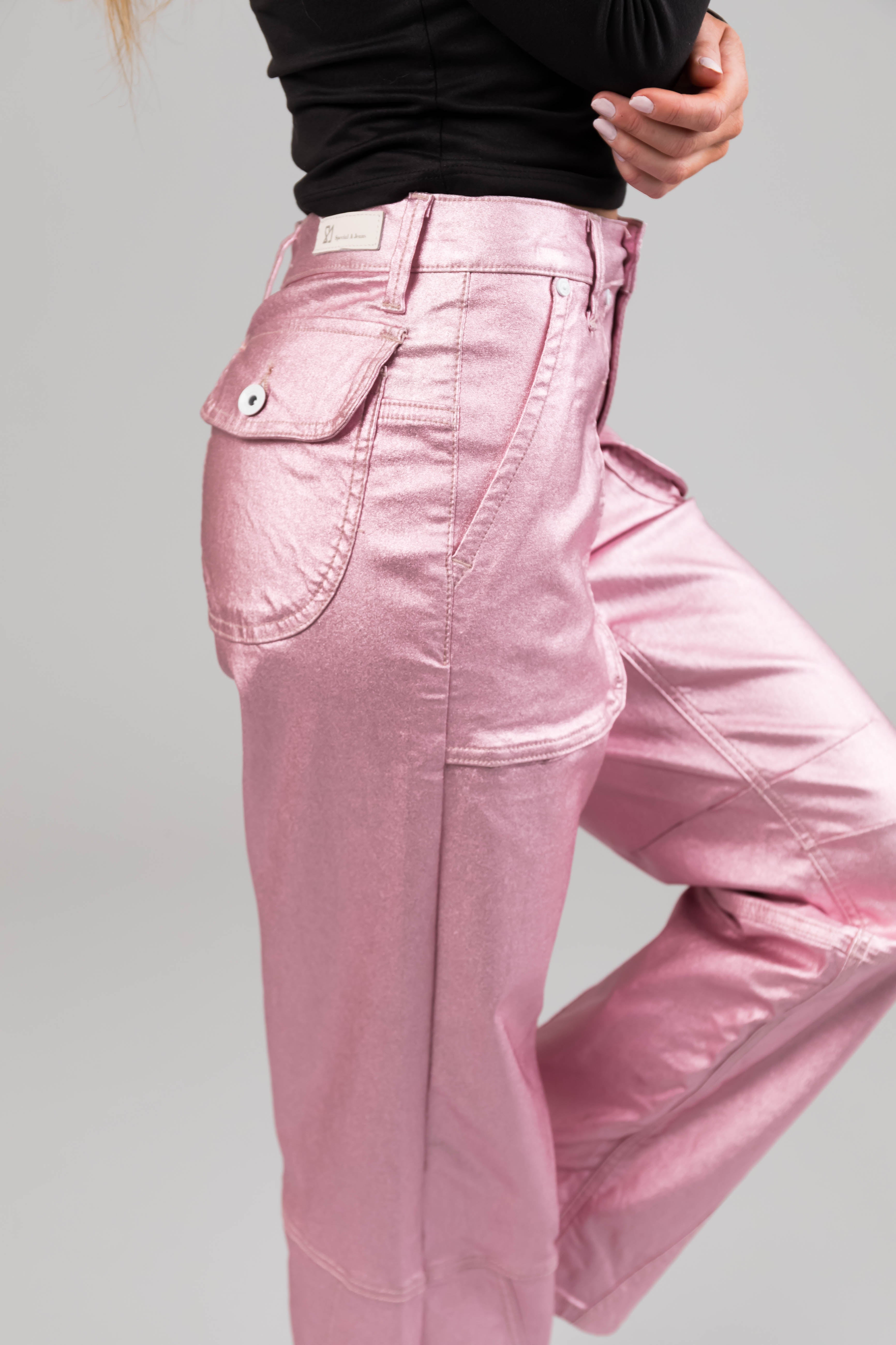 Special A Baby Pink Metallic Cargo Jeans-Newayad