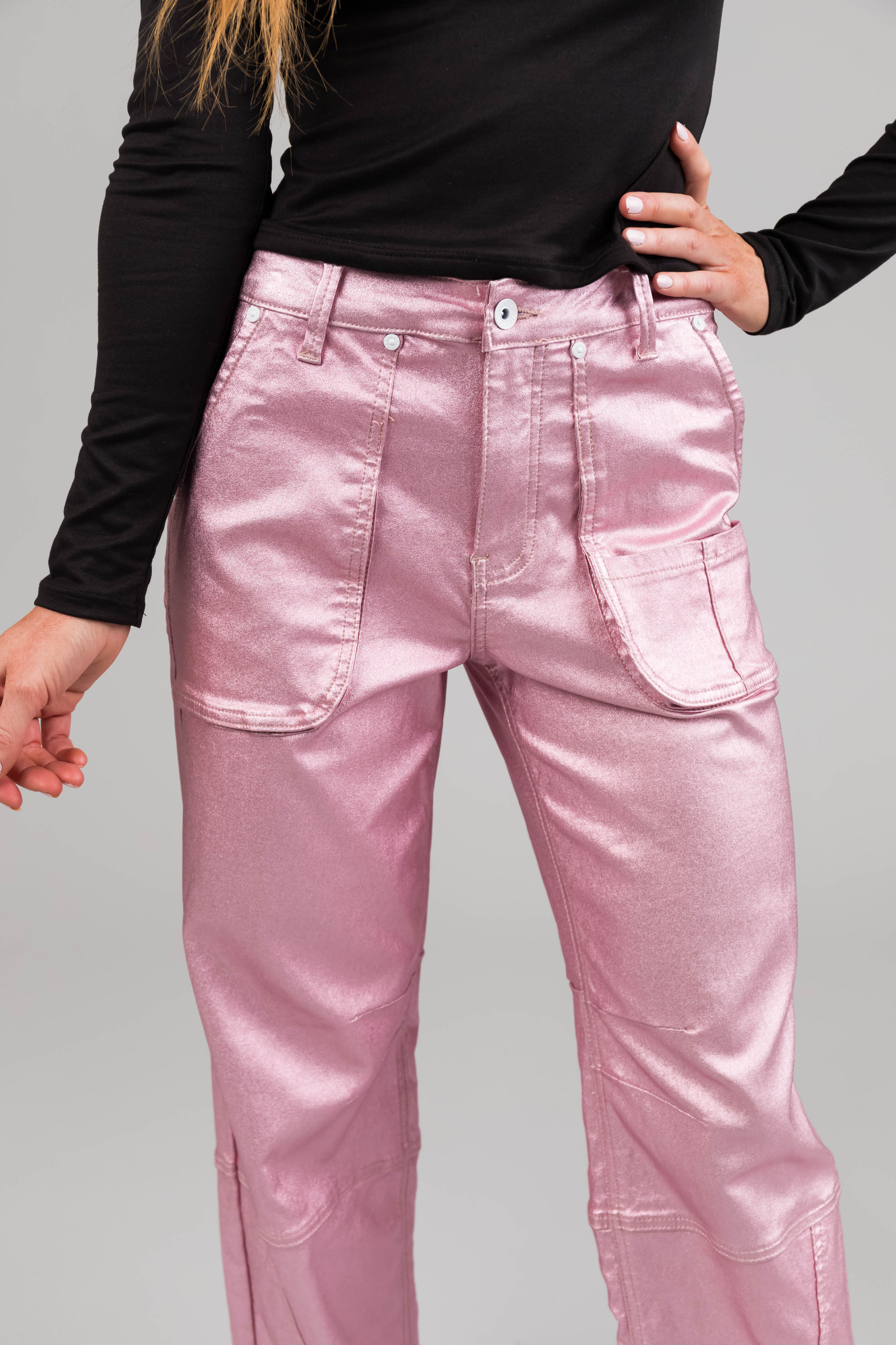 Special A Baby Pink Metallic Cargo Jeans-Newayad